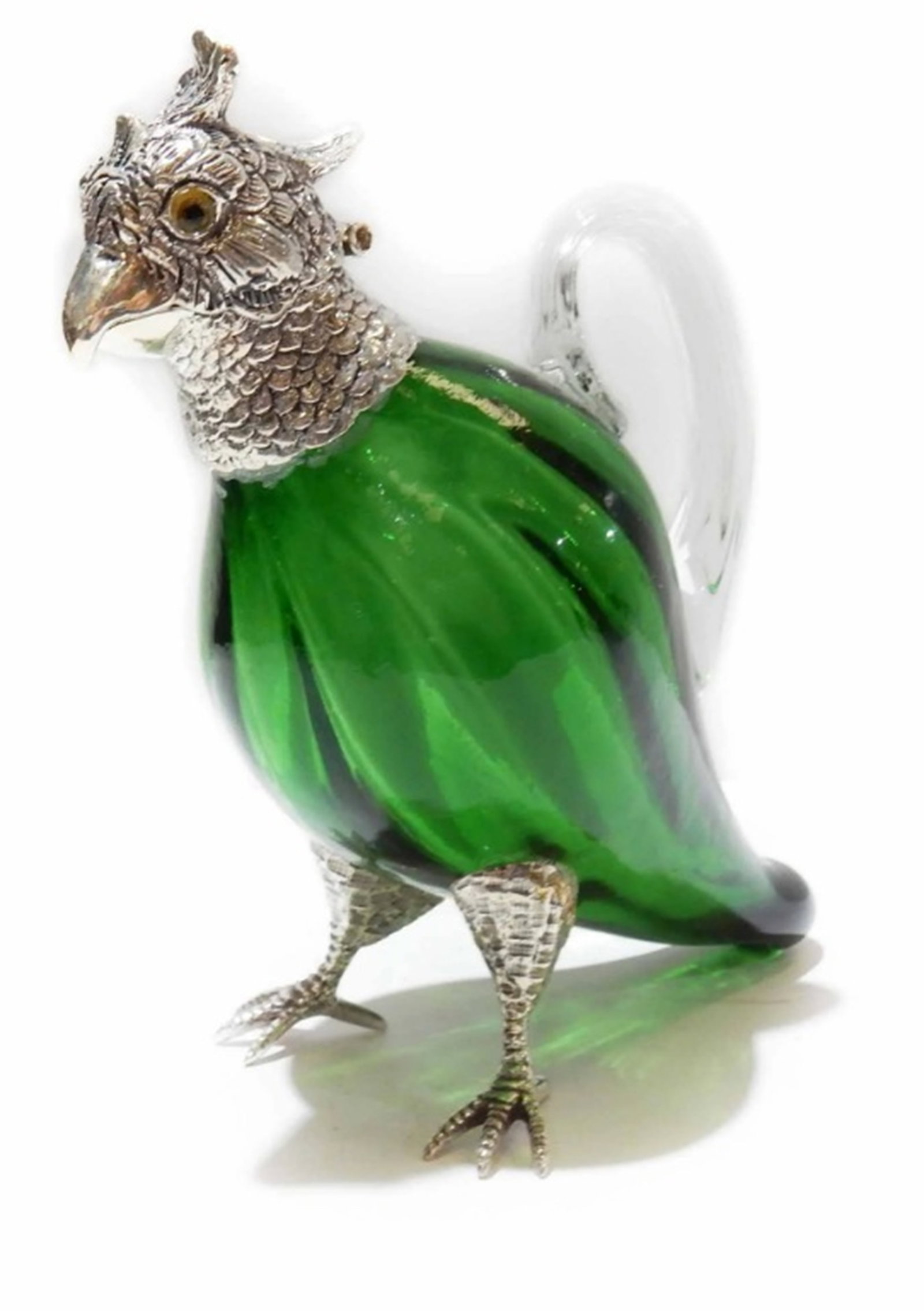 Victorian style French Green Parakeet Jug Decanter.: Victorian style French Emerald Green Parakeet Jug Decanter. The glass body of the parakeet is a stunning Green color. The parakeet has a silverplated head with glass eyes. The silverplate is stamped o
