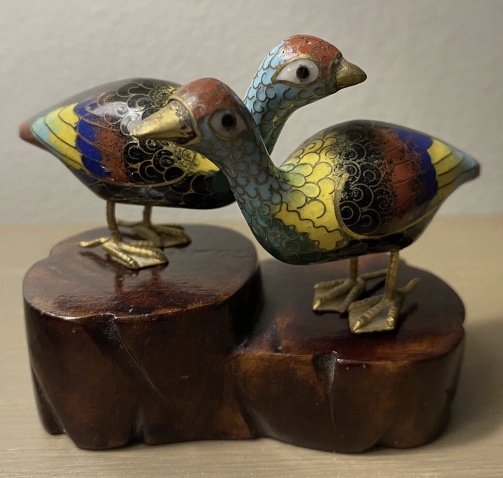 Chinese Cloisonne Enamel & Brass Chinese Bird Figurines with Stand: Chinese Cloisonne Enamel & Brass Chinese Bird Figurines with Stand
