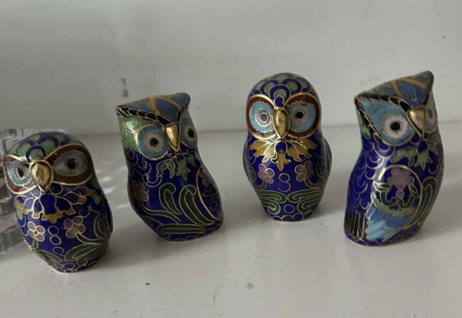 Chinese Cloisonne Enamel & Brass Owl Figurines Set of 4 (1 of 7)