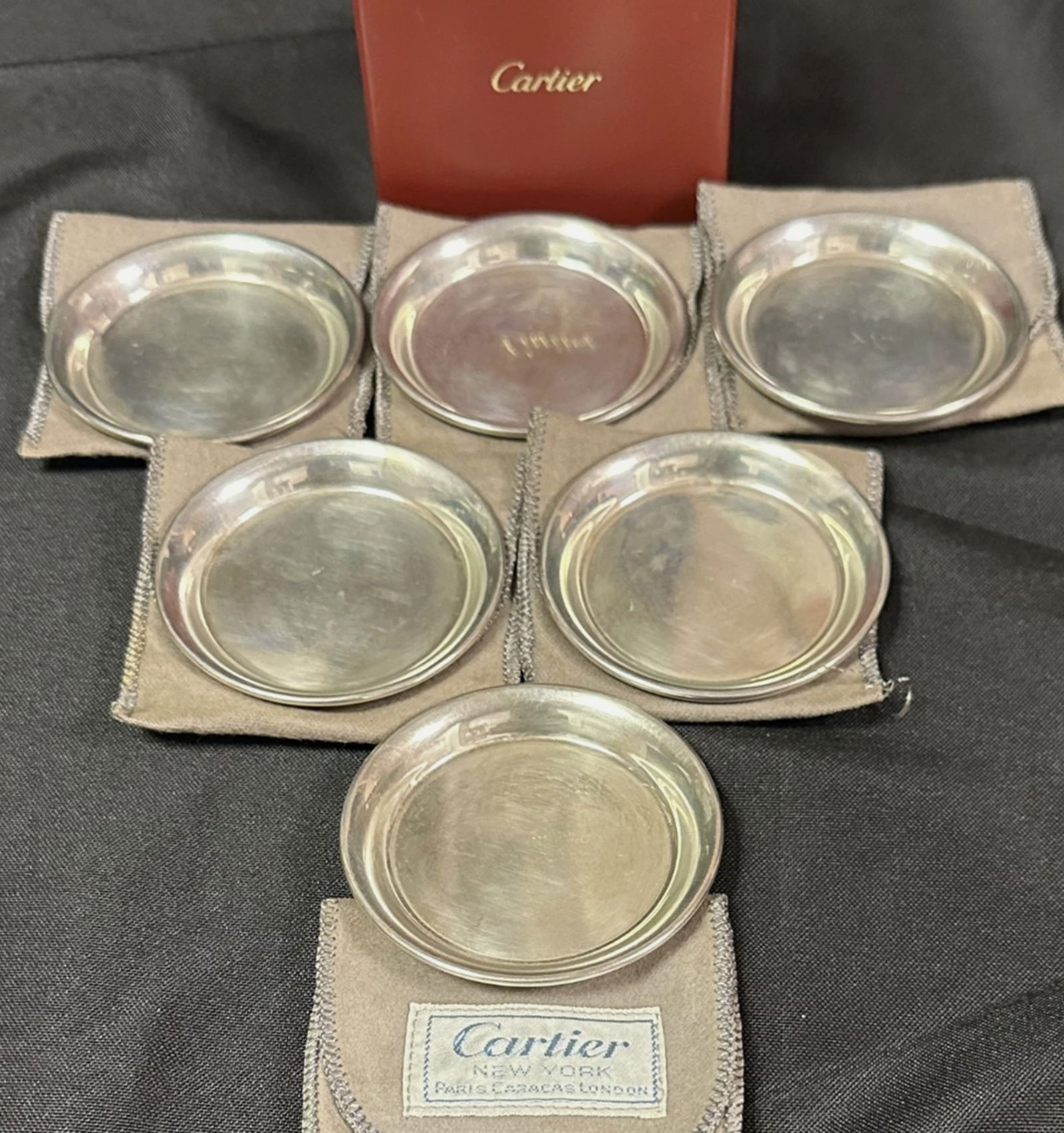 Cartier Sterling Silver Coaster Tray With Orig Pouch Set of 6 (1 of 4)
