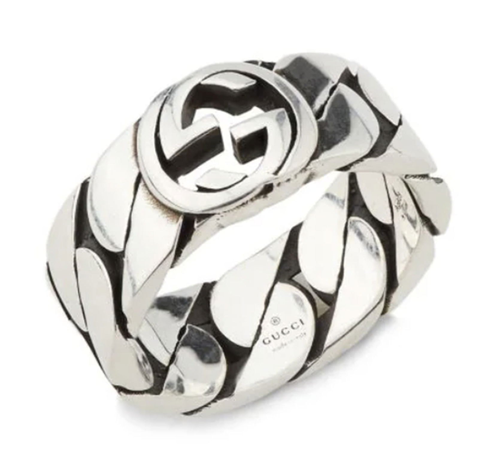 Gucci Sterling Silver Interlocking Ring With Orig Box: Gucci Sterling Silver Interlocking Ring With Orig Box. Made in Italy, this ring from Gucci is crafted of sterling silver and features an interlocking logo design.Sterling silverMade in Italy Ring Size