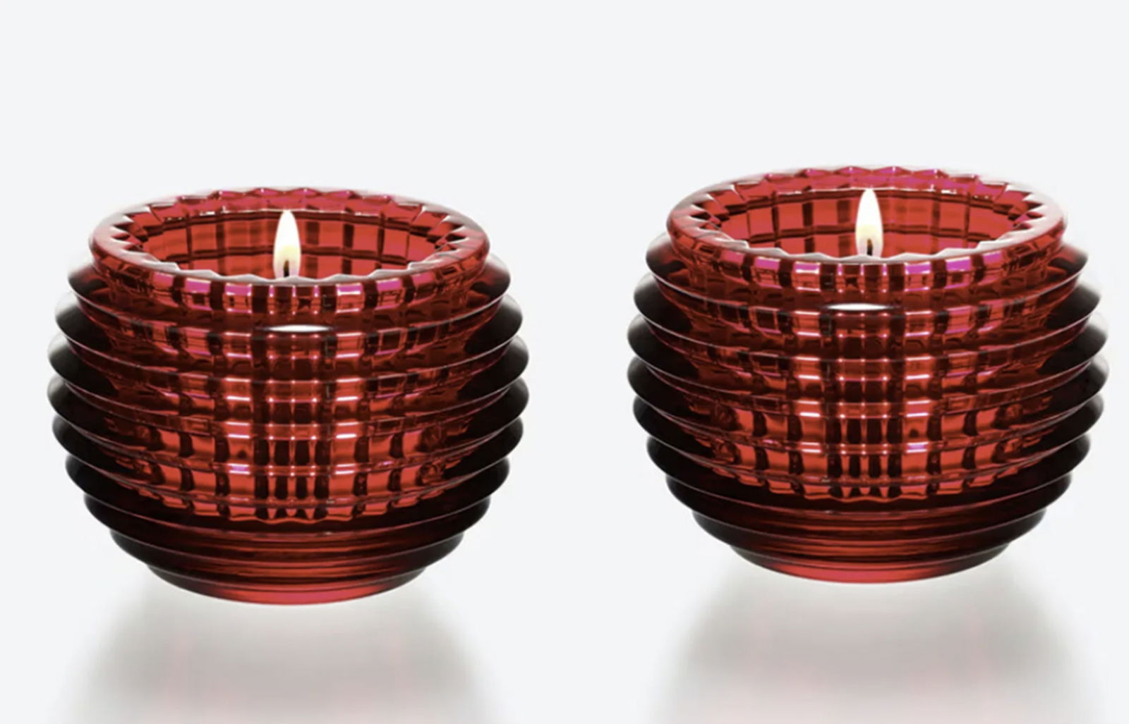 Baccarat Signed Crystal Red Eye Candle Votive Holder Set Of 2 In Orig Box Made in France: Baccarat Signed Crystal Red Eye Candle Votive Holder Set Of 2 In Orig Box Made in France. Measures approx height of 6.8cm and length and width of 9.5cm