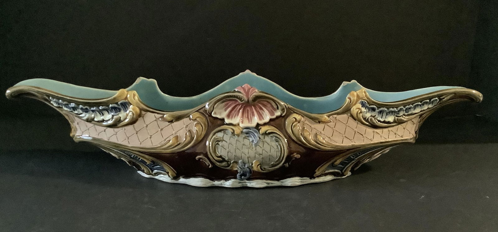 Barbotine Majolica Majolica Bowl Handpainted: Barbotine Majolica Majolica Bowl Handpainted Measures approx 14 inches wide by 3 inches tall by 3 inches deep