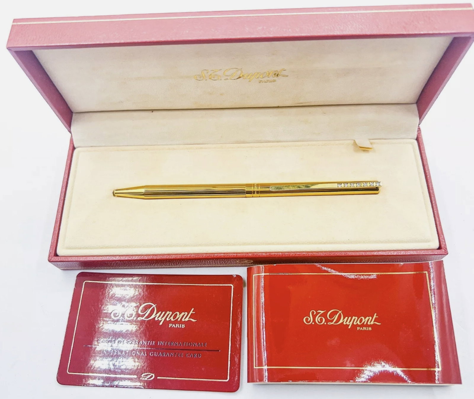 S.T. Dupont BallPoint Pen Gold Plated With 7 Diamonds And Box: S.T. Dupont BallPoint Pen Gold Plated With 7 Diamonds And Box