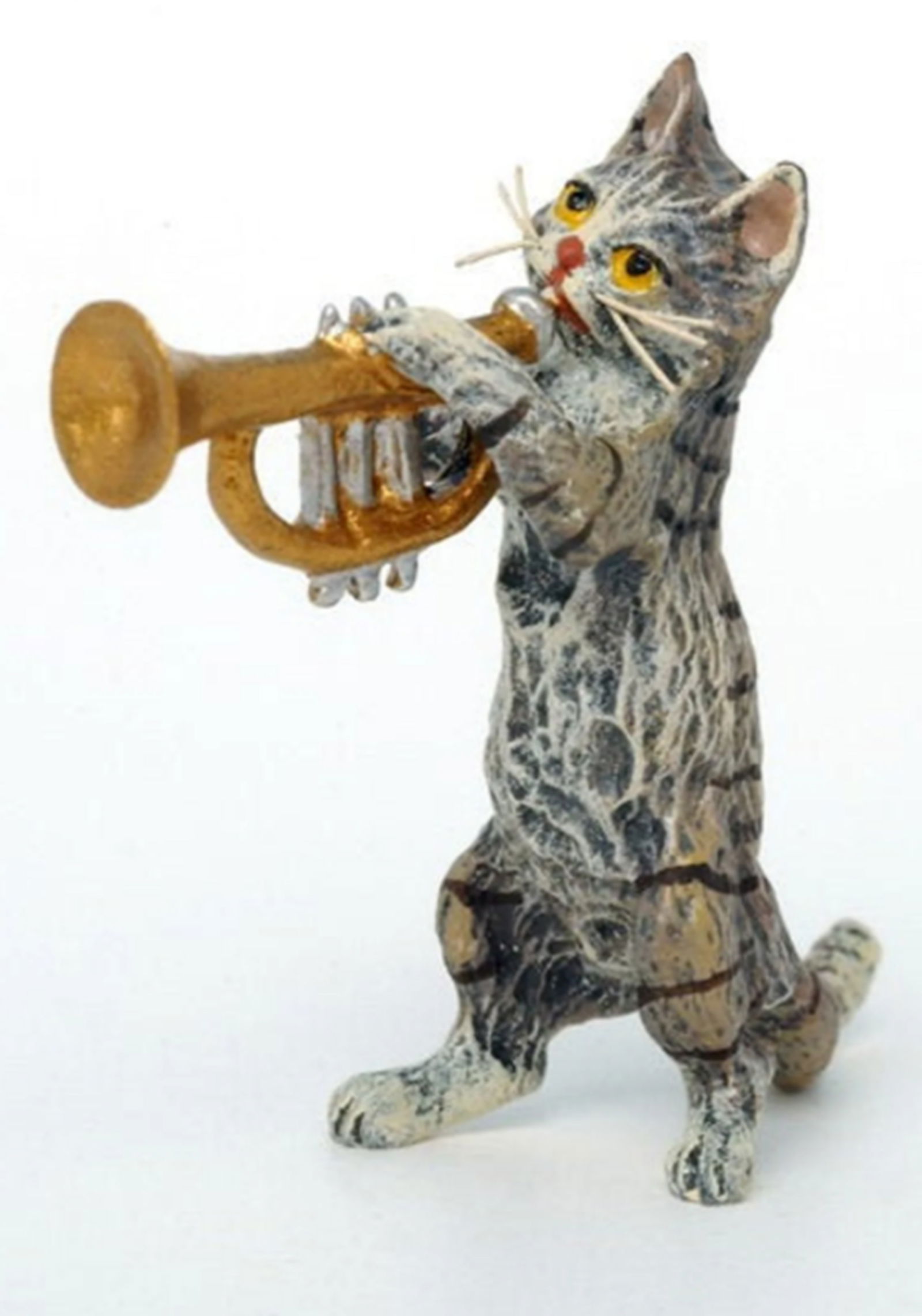 Fritz Bermann Austrian Vienna Bronze Cat playing Trumpet. FBW: Fritz Bermann Austrian Vienna Bronze Cat playing a Trumpet. FBW. The sculpture is cold painted with a lot of detail down to the whiskers. It measures 2 inches tall