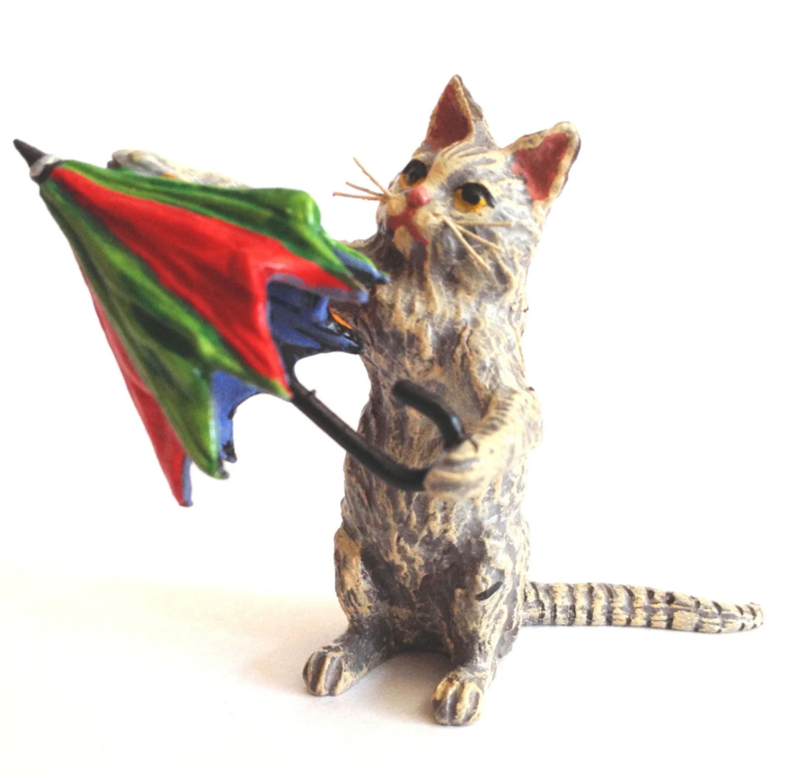 Fritz Bermann Austrian Vienna Bronze Cat With Colorful Umbrella. FBW: Fritz Bermann Austrian Vienna Bronze Cat With Colorful Umbrella. FBW. The sculpture is cold painted with a lot of detail down to the whiskers. It measures 2 inches tall