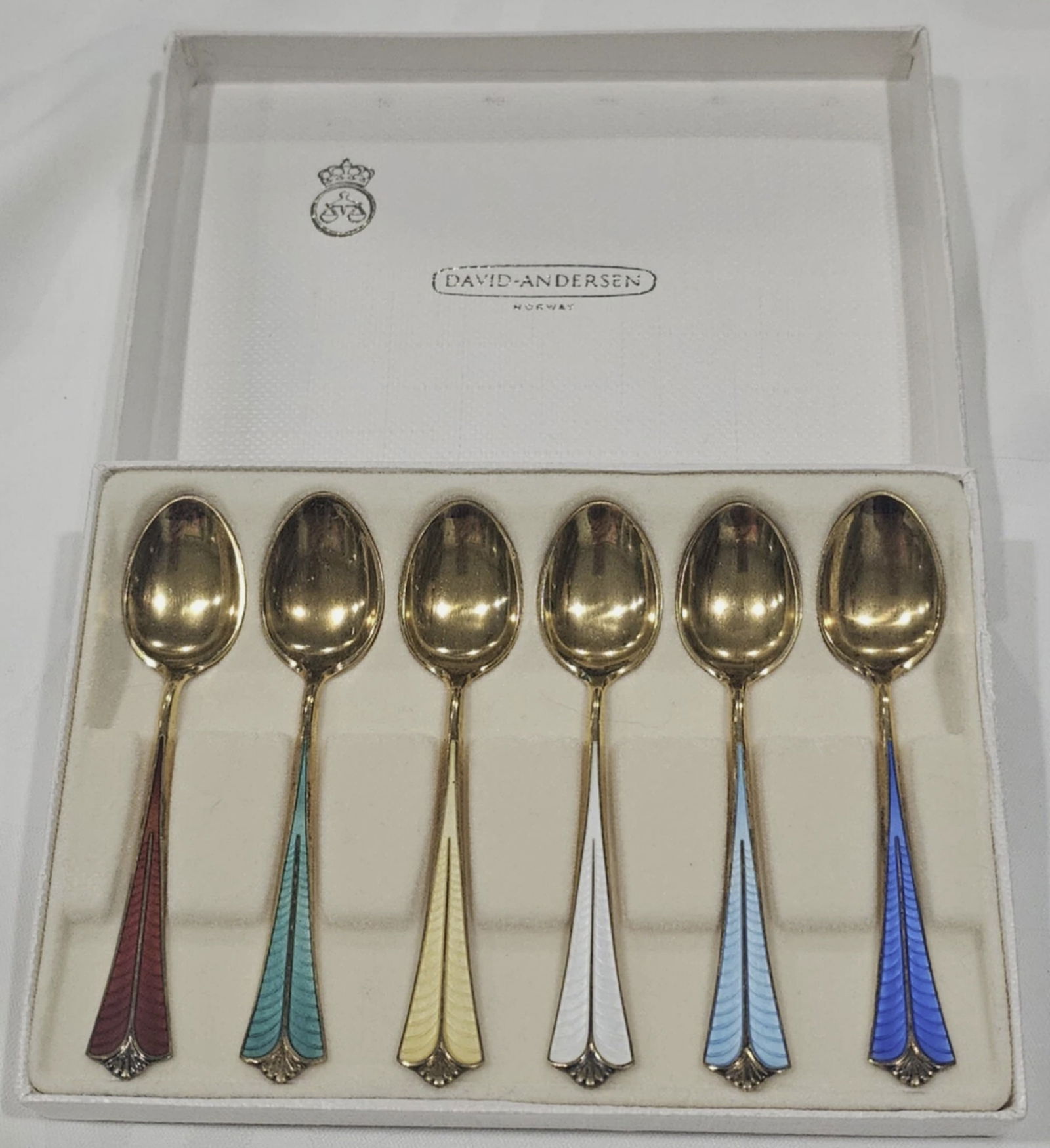David Anderson Sterling With Enamel Spoons in Original Box Made in Norway: David Anderson Sterling With Enamel Spoons in Original Box Made in Norway Measures approx just over 3.5" long.