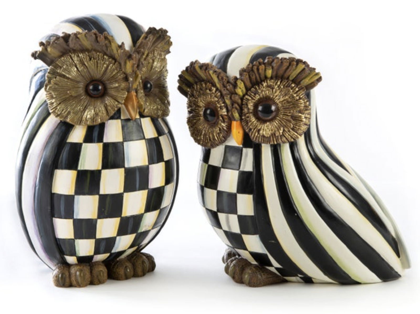 Mackenzie Childs Courtly Check & Courtly Stripe Large Owl Figurine Set: Mackenzie Childs Courtly Check & Courtly Stripe Owl Set. Measures approx Stripe Owl: 5.12" wide, 9.06" tall, 9.45" deep; Check Owl: 6" wide, 9" tall, 5.5" deep Owl cuties? From their heads and dignifi