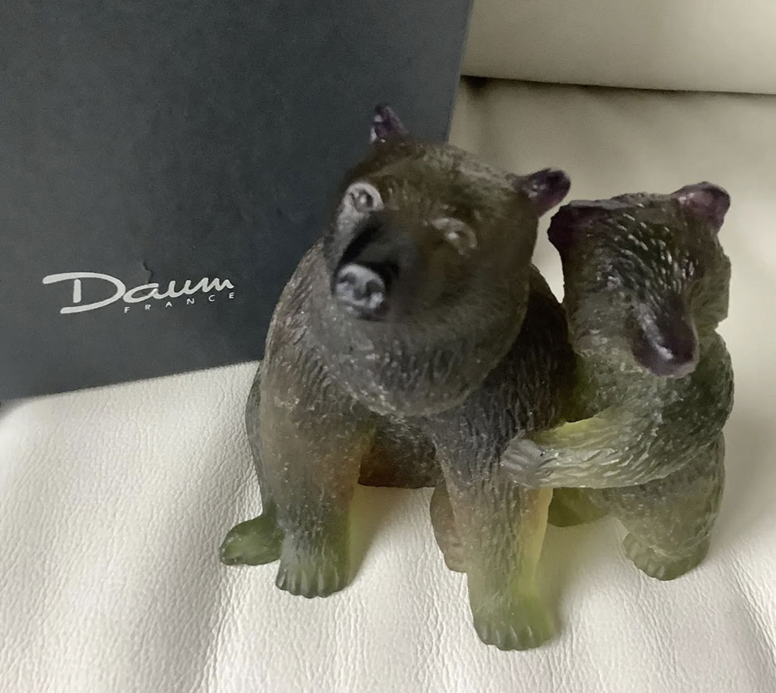 Daum Pate De Verre Signed Art Glass Mother With Baby Bear Figurine in orignal Box Made in France: Daum Pate De Verre Signed Art Glass Mother With Baby Bear Figurine in orignal Box Made in France Dimensions: 4 X 4 X 3.5 in.