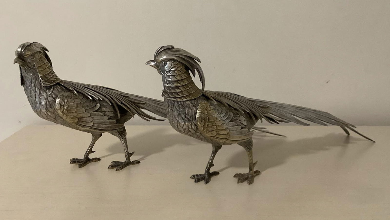 Sterling Gilt Silver Spainsh Pair of Pheasants Long 15 inches: Pair of Sterling Gilt Silver Pheasants. Size; Both figures have pretty much the same size, one has a length of 15 7/8 inches and height of 6 1/2 inches and weights 313 grams. Second one is 15 6/8" x 6