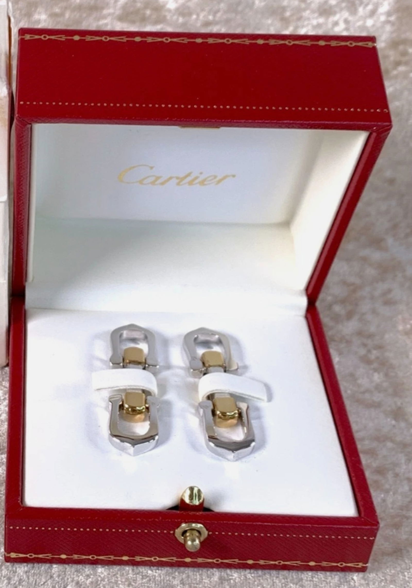 Cartier Sterling Silver & Gold C Cufflinks With Orig Box: Cartier Sterling Silver & Gold C Cufflinks With Orig Box Measures approx Length: ~ 41.4 mm (? 1.63 in)Width: ~ 11.8 mm (? 0.46 in)
