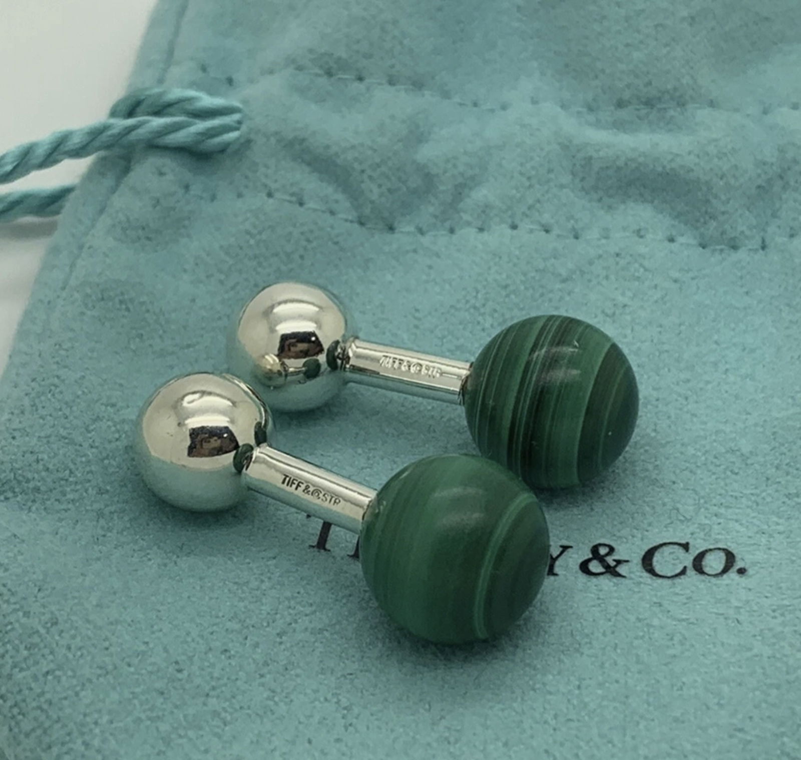 Tiffany & Co Sterling Silver Malachite Barbell Cufflinks With Pouch: Tiffany & Co Sterling Silver Malachite Barbell Cufflinks With Pouch