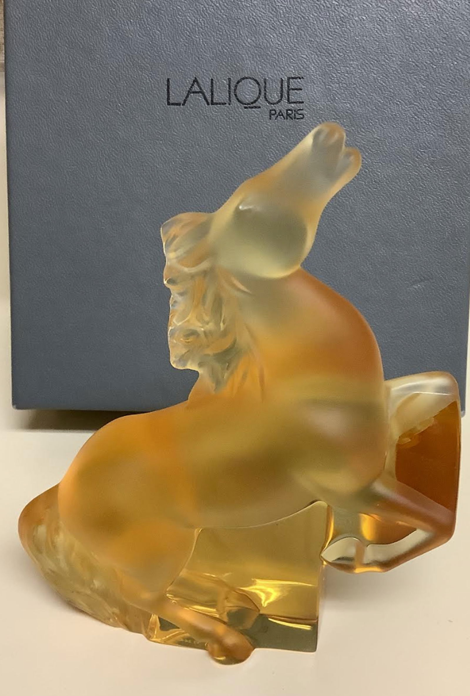 Lalique Signed Crystal Kazak Galloping Horse With Box: Lalique Signed Crystal Kazak Galloping Horse With Box. Amber Tone. Measures approx 5 1/2" Height x 4 1/2" Width no chips or cracks