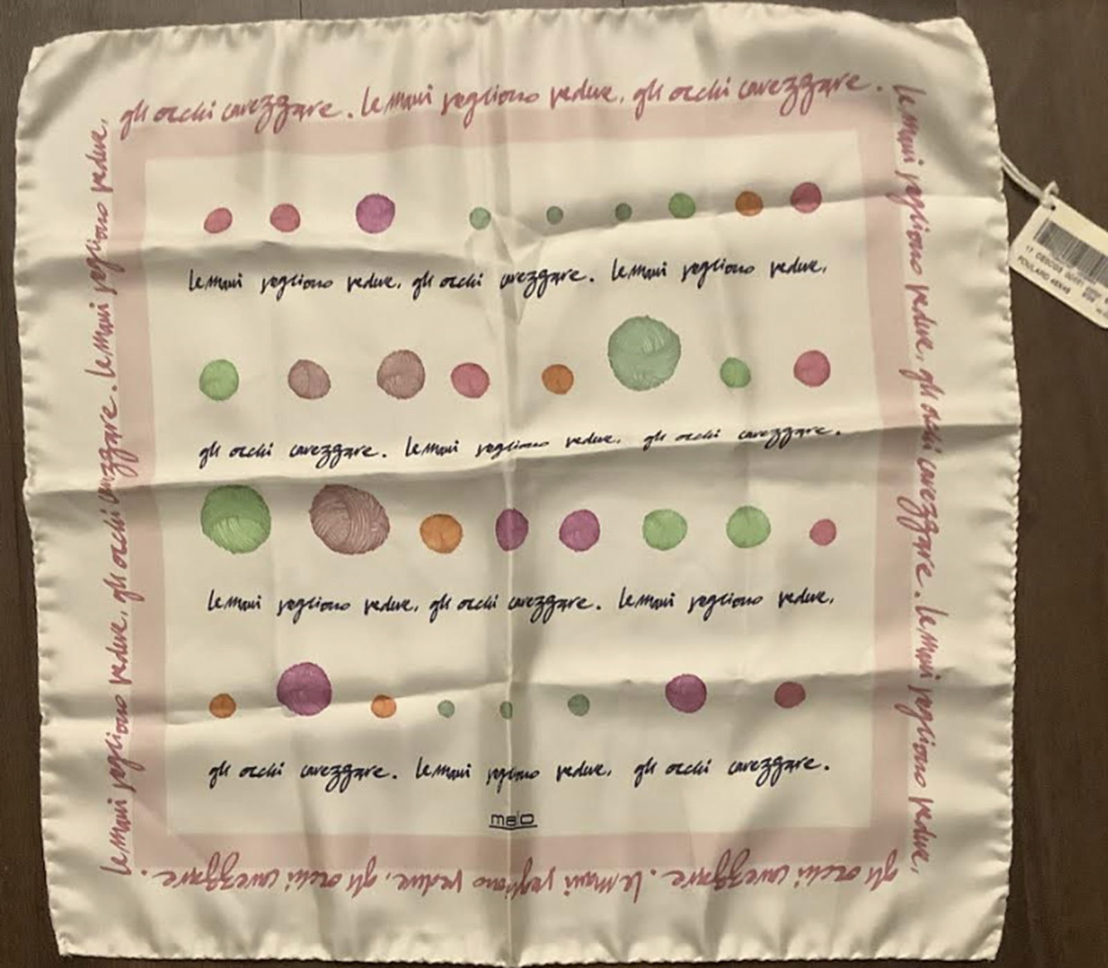 MALO Silk Scarf Made In Italy With Tag: Malo Silk Scarf Made In Italy With Tag. Measures approx 18" x 17" Never Worn New Conditon no stains or damage. Scarve is in a packaged clear bag like new condition