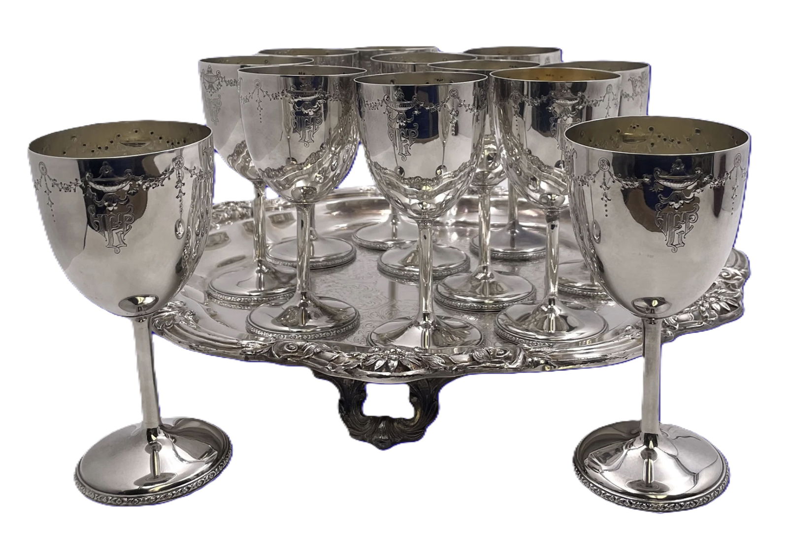 Set of 12 International Sterling Silver Goblets on Matching Tray: Set of 12 International Sterling Silver Goblets on Matching Tray. Set of 12 Barbour for International Sterling, sterling silver goblets, adorned with garland-like motifs showcasing urns and stylized n