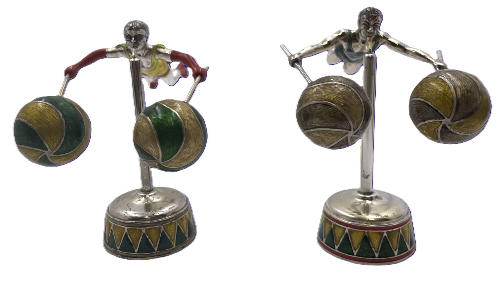 Tiffany & Co. Sterling Silver and Enamel Set of 2 Acrobatic Circus Figurines on Plinths by Gene: Tiffany & Co. Sterling Silver and Enamel Set of 2 Acrobatic Circus Figurines on Plinths by Gene Moore. Pair of Tiffany & Co. by Gene Moore sterling silver and enamel set of 2 male and female acrobatic