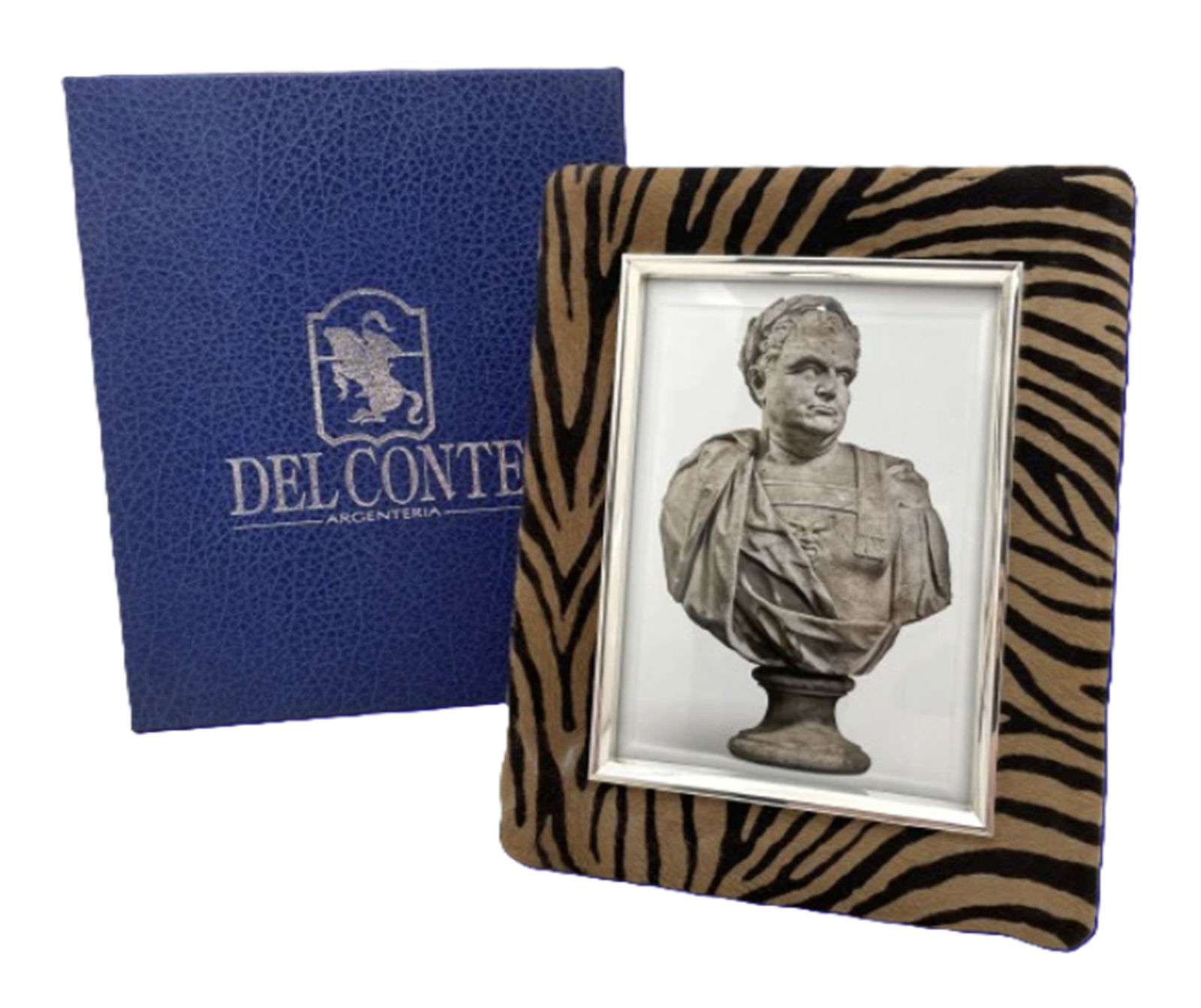 Del Conte Sterling Silver & Zebra Frame New in Box: Del Conte Sterling Silver & Zebra Frame New in Box. Del Conte sterling silver and zebra custom picture frame with beveled glass and wood back, measuring 10'' by 8'' in outer dimensions (picture size i