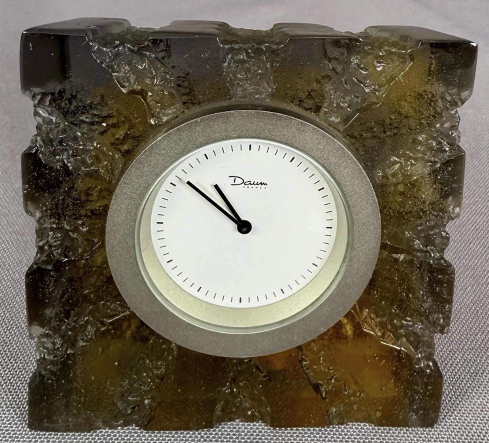Daum Signed Crystal Amber Clock With orig Box Made in France: Daum Signed Crystal Amber Clock With orig Box Made in France. Measures approx 2 3/4” square No chips or cracks present