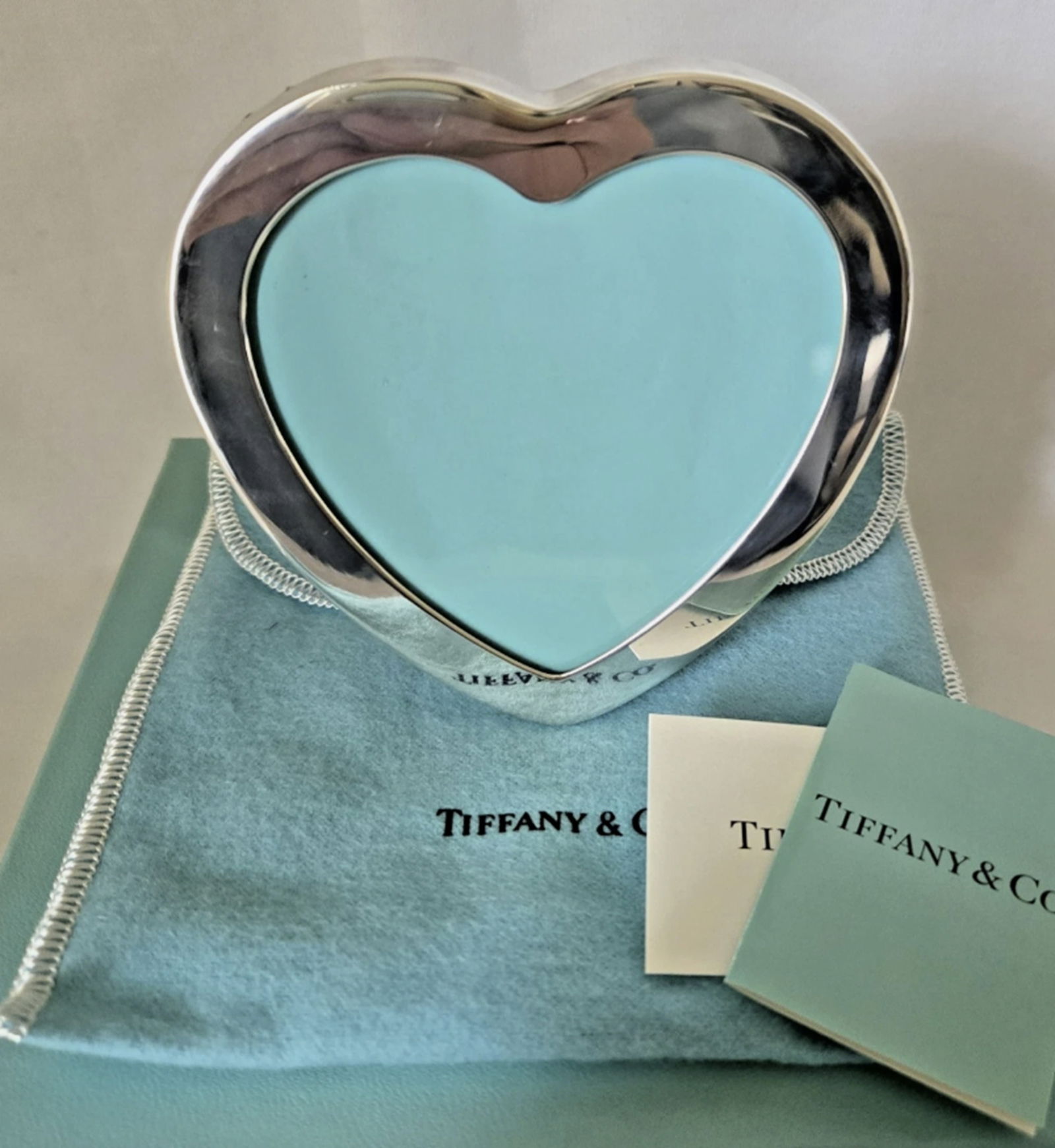 Tiffany & Co Sterling Silver Heart Picture Frame With Orig Box: Tiffany & Co Sterling Silver Heart Picture Frame With Orig Box and Pouch measures approx 3 inches
