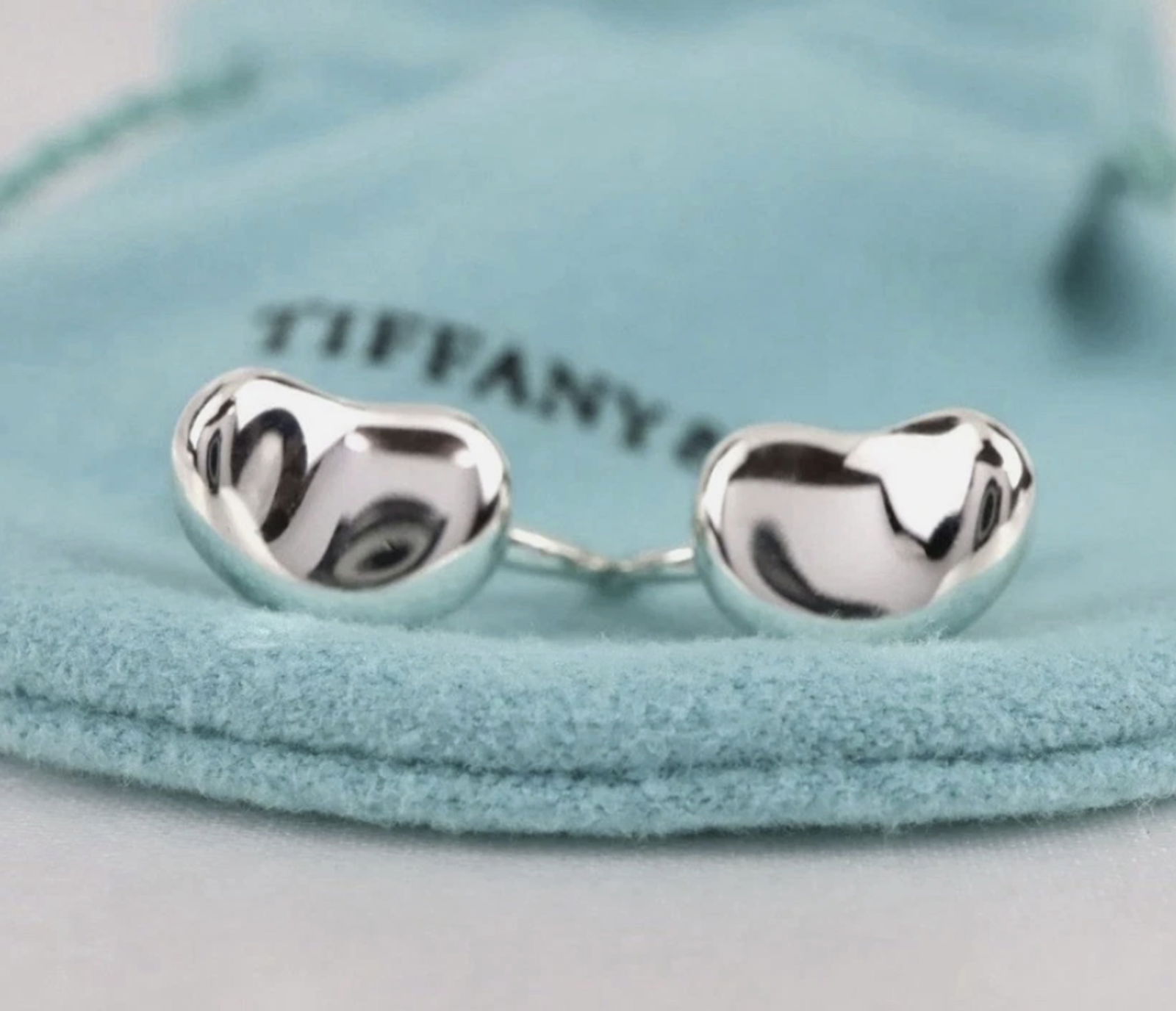 Tiffany & Co. Signed Sterling Silver Elsa Peretti Bean Stud Earrings With Box: Tiffany & Co. Signed Sterling Silver Elsa Peretti Bean Stud Earrings With Box