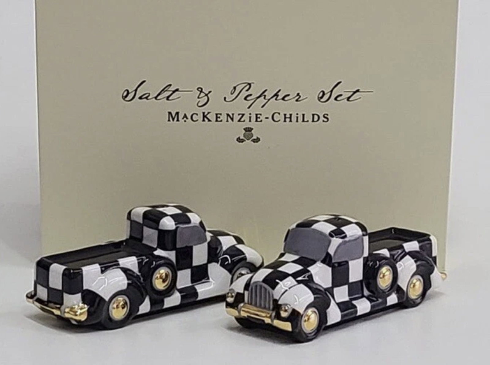 Mackenzie Childs Courtly Truck Salt And Pepper Shakers With Original Box: Mackenzie Childs Courtly Truck Salt And Pepper Shakers With Original Box
