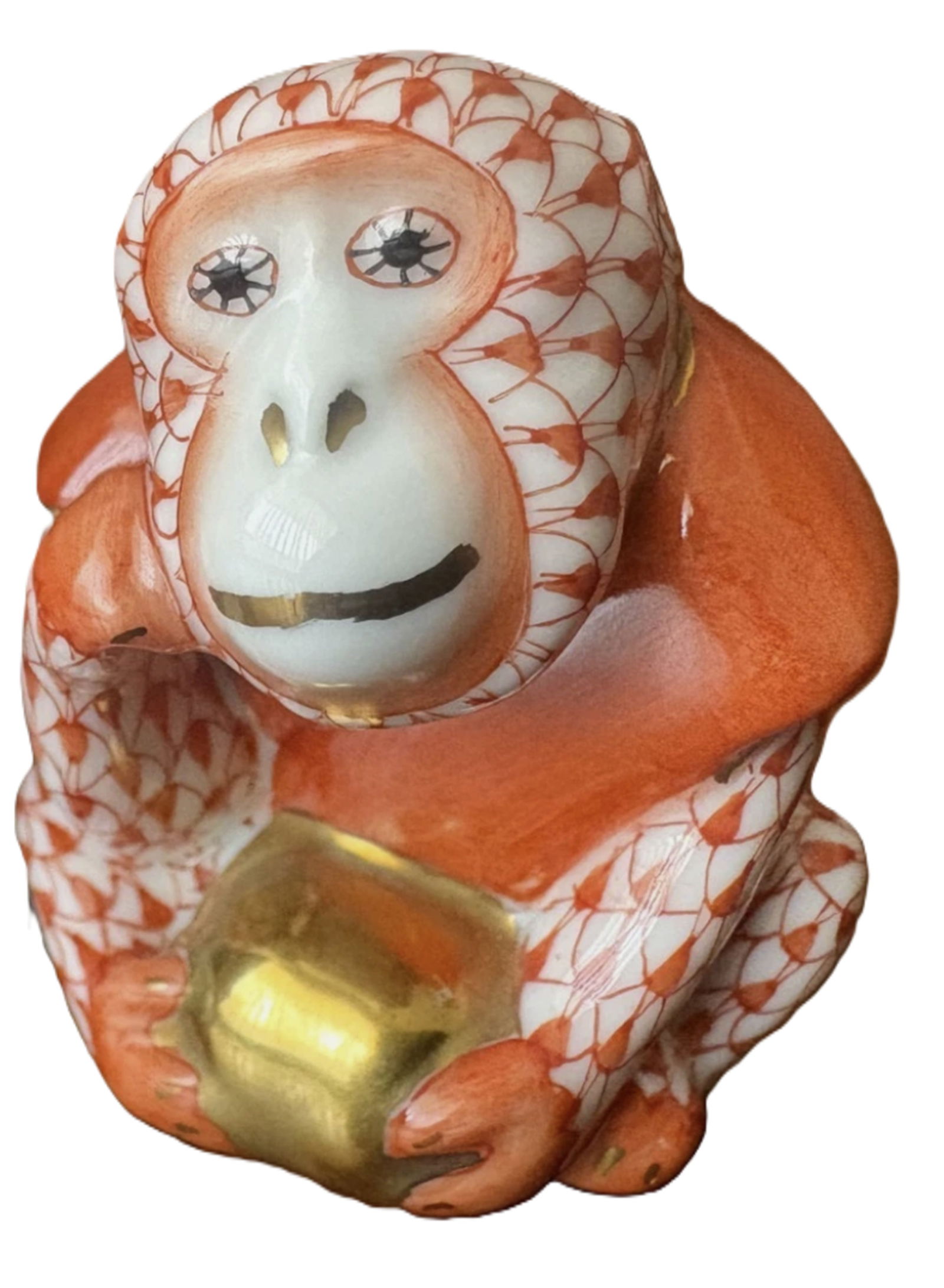 Herend Signed Rust Monkey Porcelain Fishnet Figurine With 24Kt Gold Accents Mde in Hungary (1 of 4)