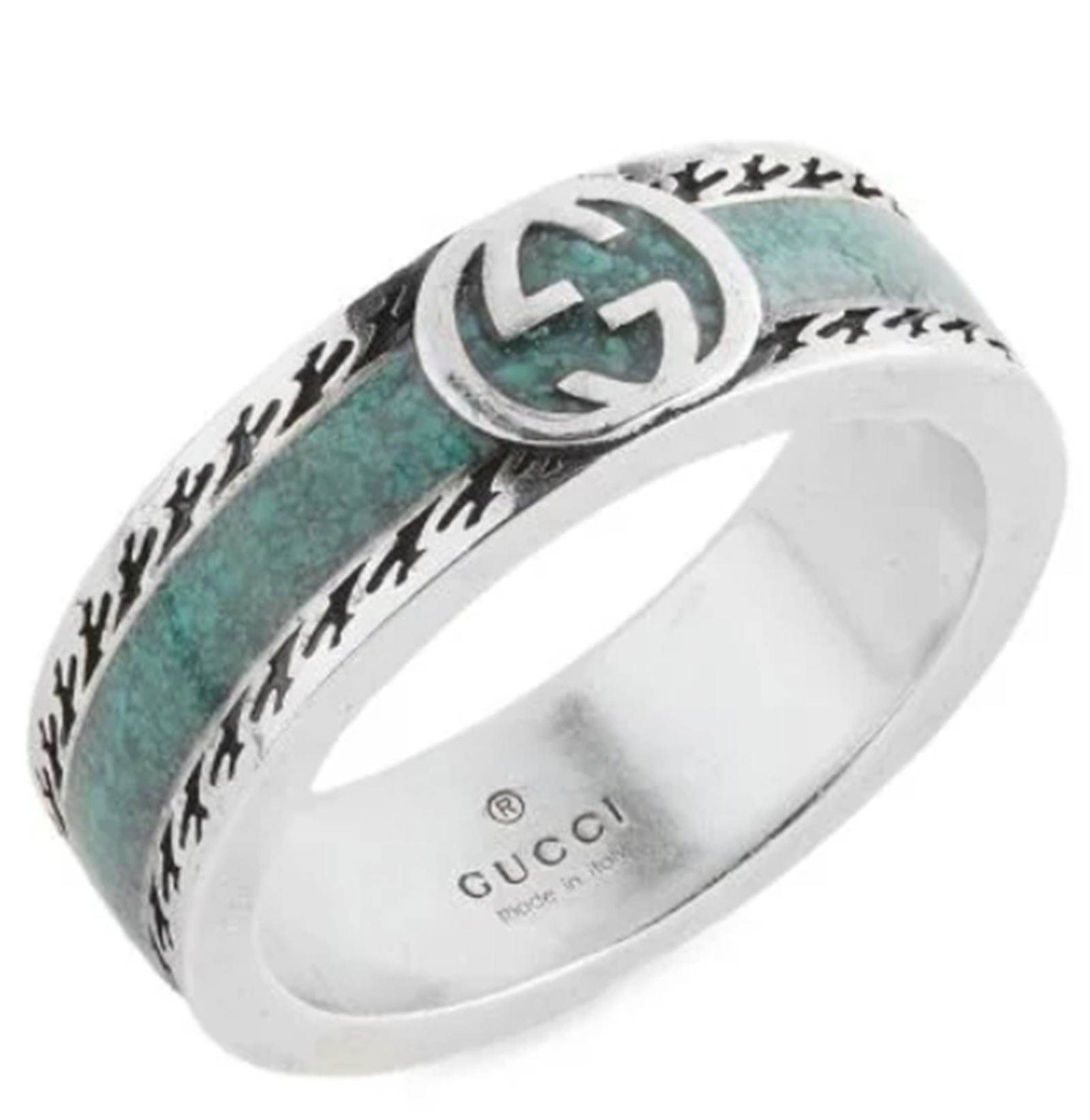 Gucci Sterling Silver & Enamel Logo Ring With Original Box: Gucci Sterling Silver & Enamel Logo Ring With Original Box. Crafted of sterling silver, this band ring from Gucci has enamel and logo.EnamelSterling silverMade in Italy Ring Size 7.25