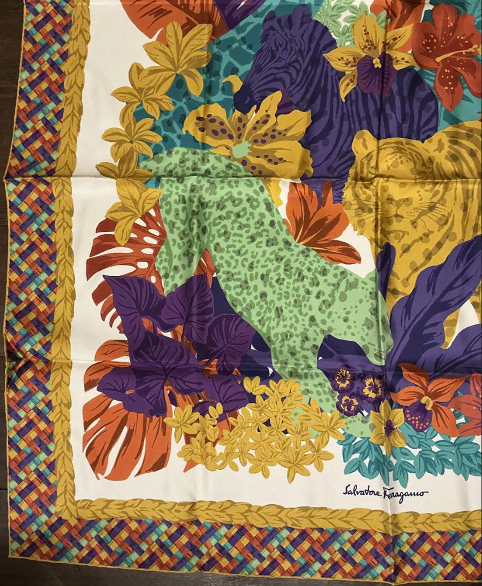 Salvatore Ferragamo Silk Italian Scave With Tag New: Salvatore Ferragamo Silk Italian Scave With Tag New. Measures approx 35 inches