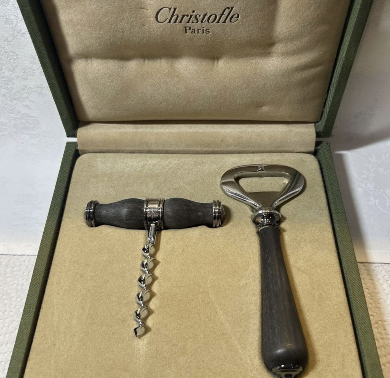 Christofle Signed Ebony Corkscrew & Bottle Opener Barware Set In Orig Box: Christofle Ebony Corkscrew & Bottle Opener Barware Set In Orig Box