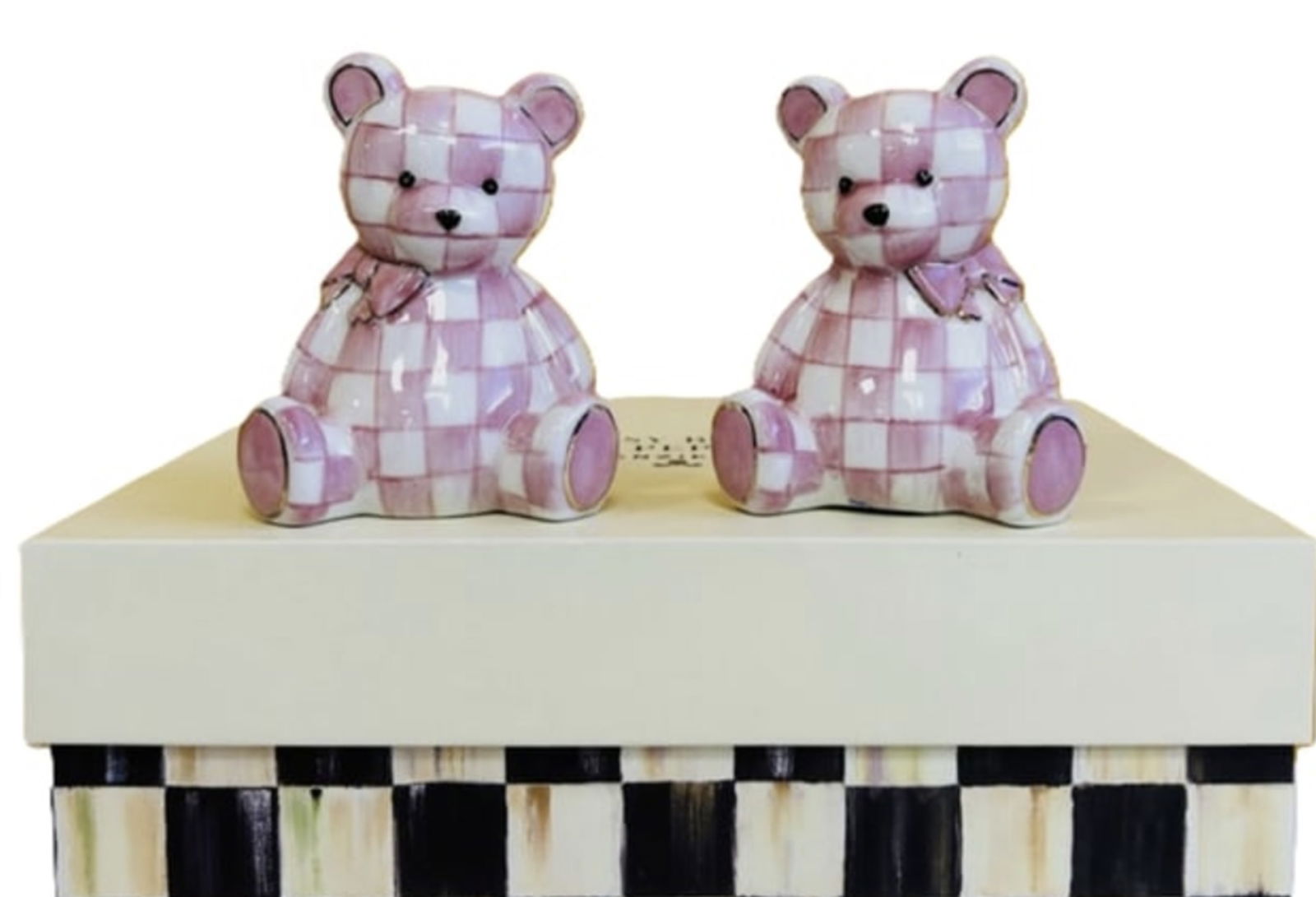 Mackenzie Childs Courtly Pink Bear Salt And Pepper Shakers With Original Box: Mackenzie Childs Courtly Truck Salt And Pepper Shakers With Original Box Measures approx 2.5" Wide, 1.75" Deep, 3" Tall