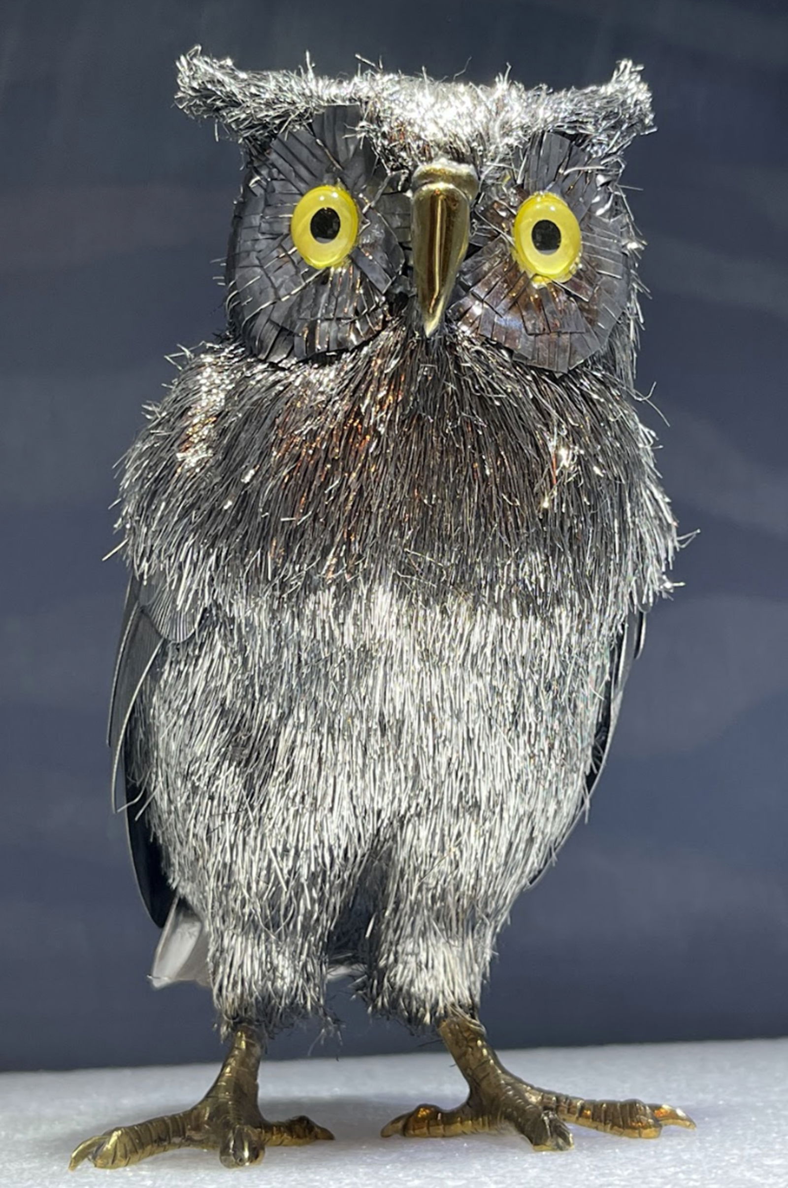 Mario Buccellati Sterling Silver Large OWL Figurine 1960: Mario Buccellati Sterling Silver Large OWL Figurine. Owl handcrafted by Mario Buccellati using his famous furry technique. The nose and paws are golden while the eyes are made of glass. Presents
