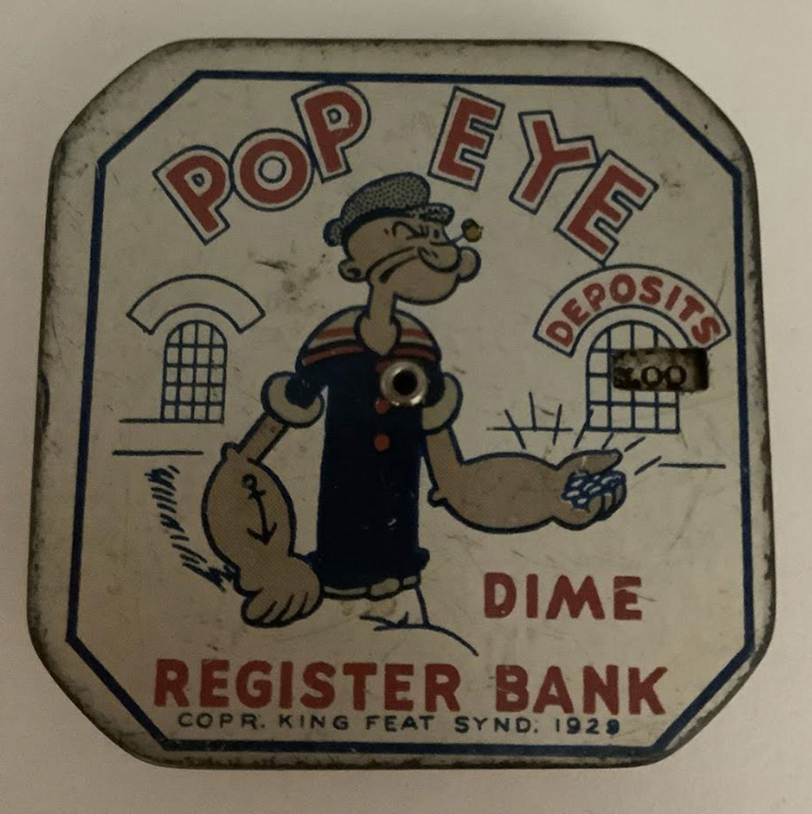 Popeye The Sailorman Tin Bank: Popeye The Sailorman Tin Bank. Measures approx 2.5 inches