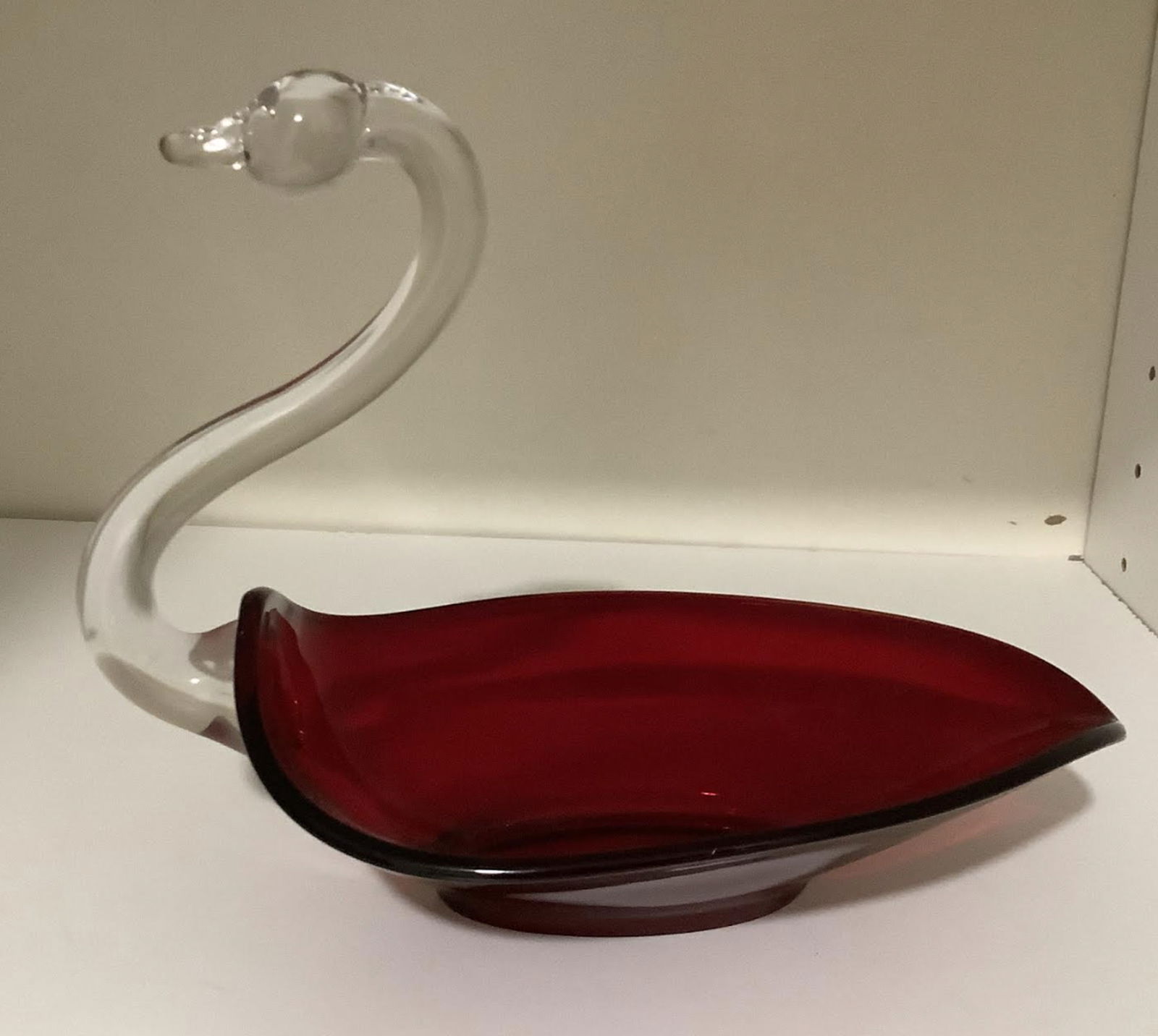 Ruby Red GLass Art Swan Dish Bowl: Ruby Red GLass Art Swan Dish Bowl. Measures approx 8.25 inches long and6.5 inches tall No Chips Or Cracks