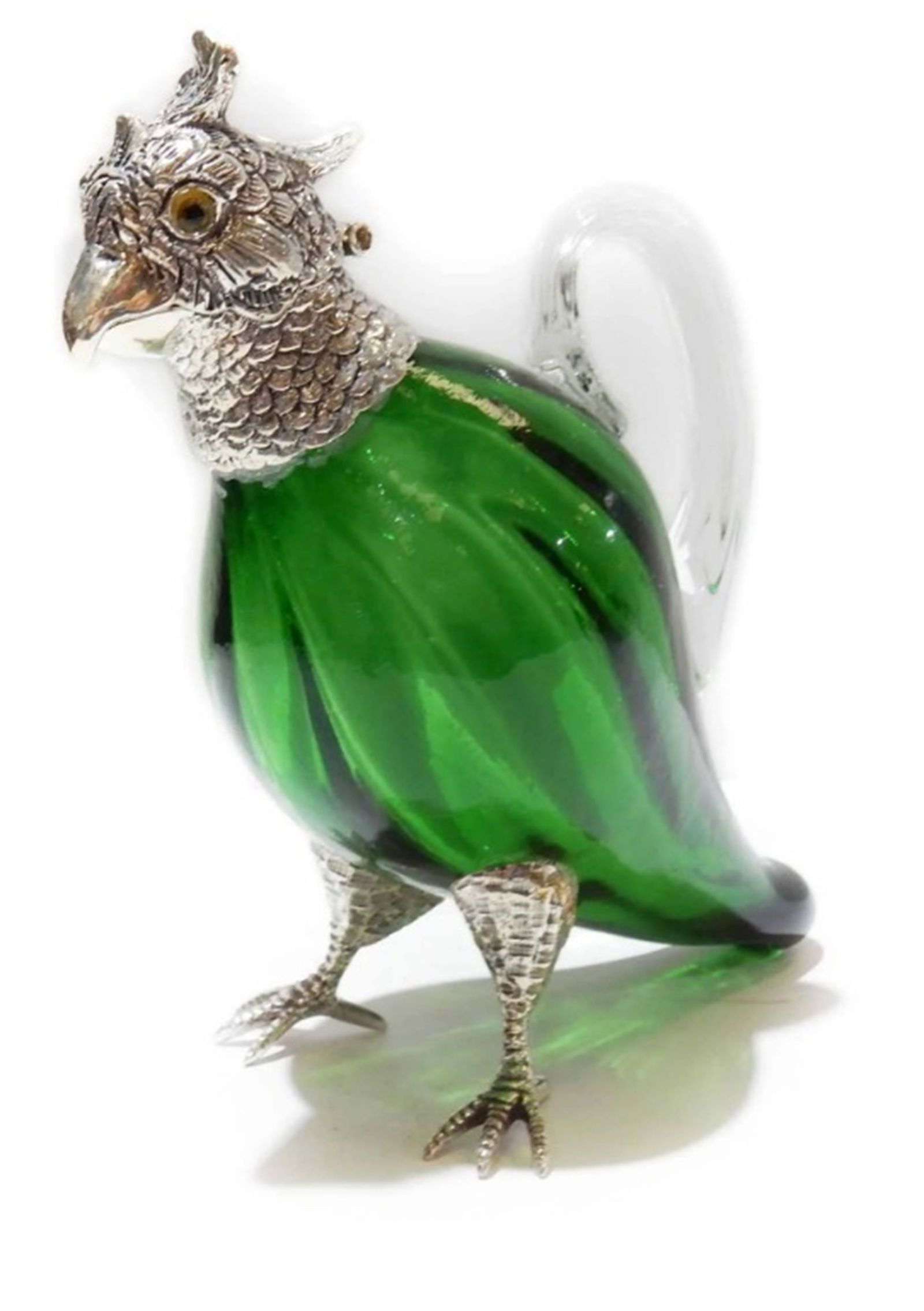 Victorian style French Green Parakeet Jug Decanter.: Victorian style French Emerald Green Parakeet Jug Decanter. The glass body of the parakeet is a stunning Green color. The parakeet has a silverplated head with glass eyes. The silverplate is stamped
