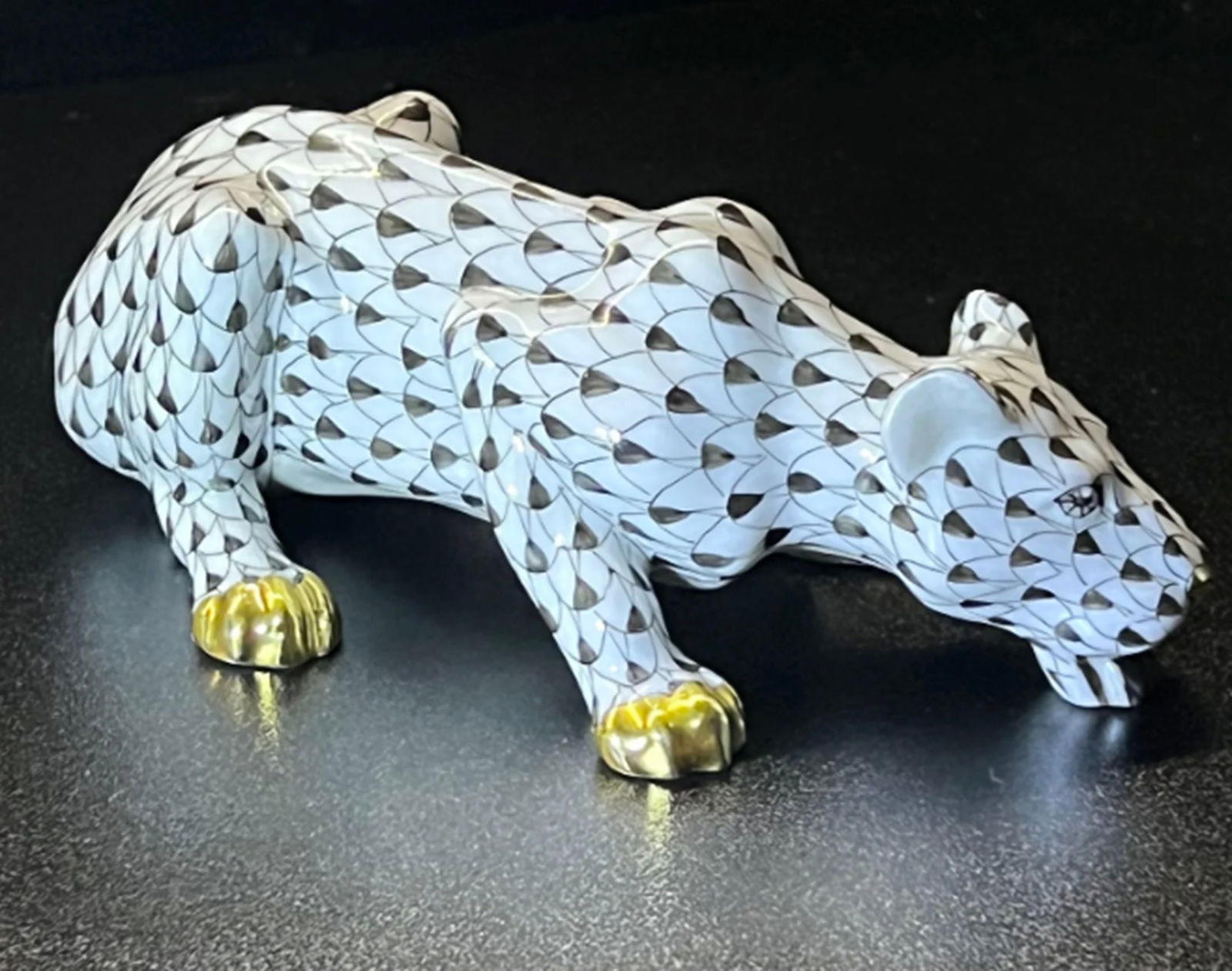 Herend Signed Porcelain Large Black Drinking Lioness Figurine With 24k Gold Accents Made in (1 of 5)