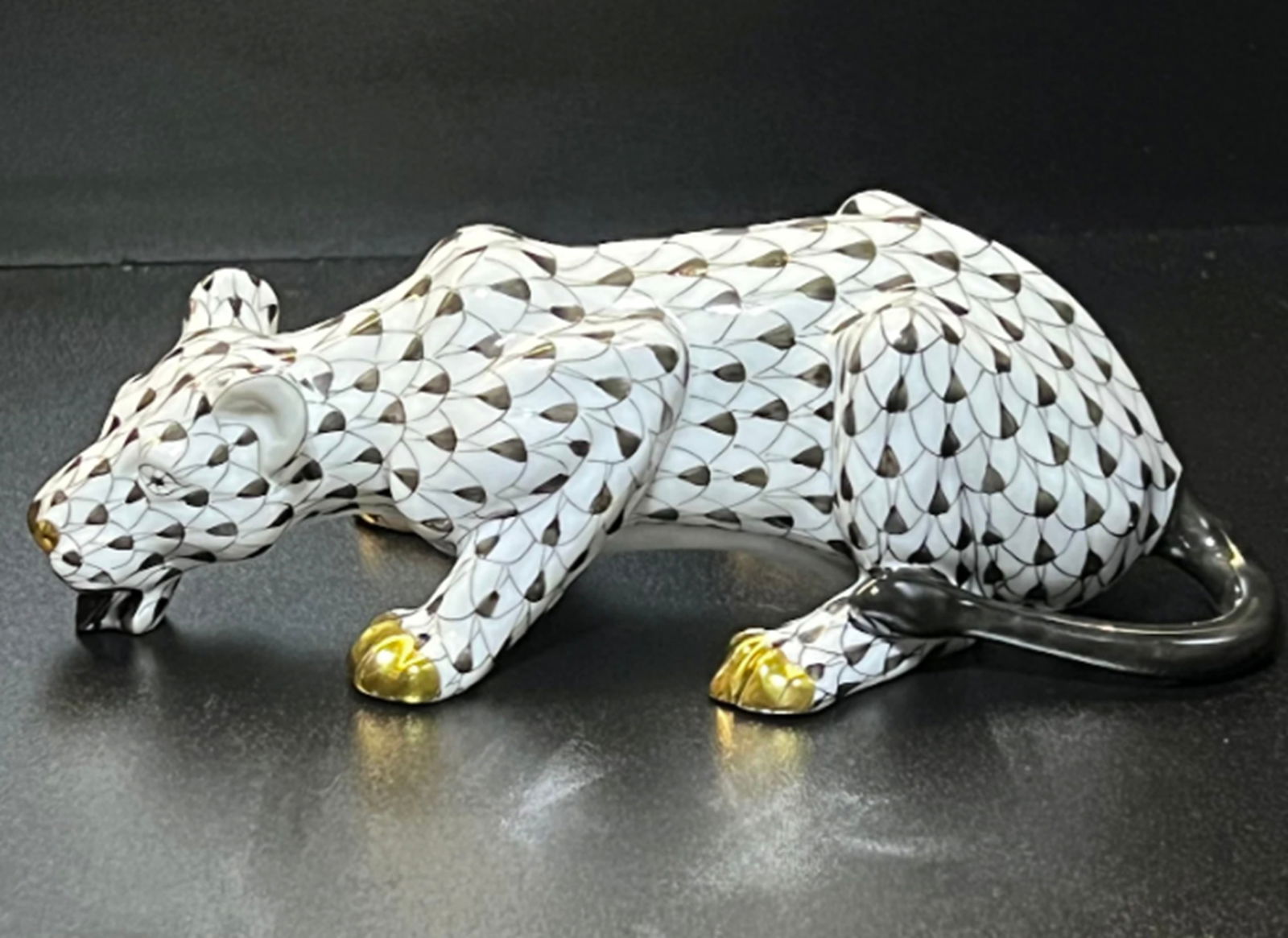 Herend Signed Porcelain Large Black Drinking Lioness Figurine With 24k Gold Accents Made in - 2