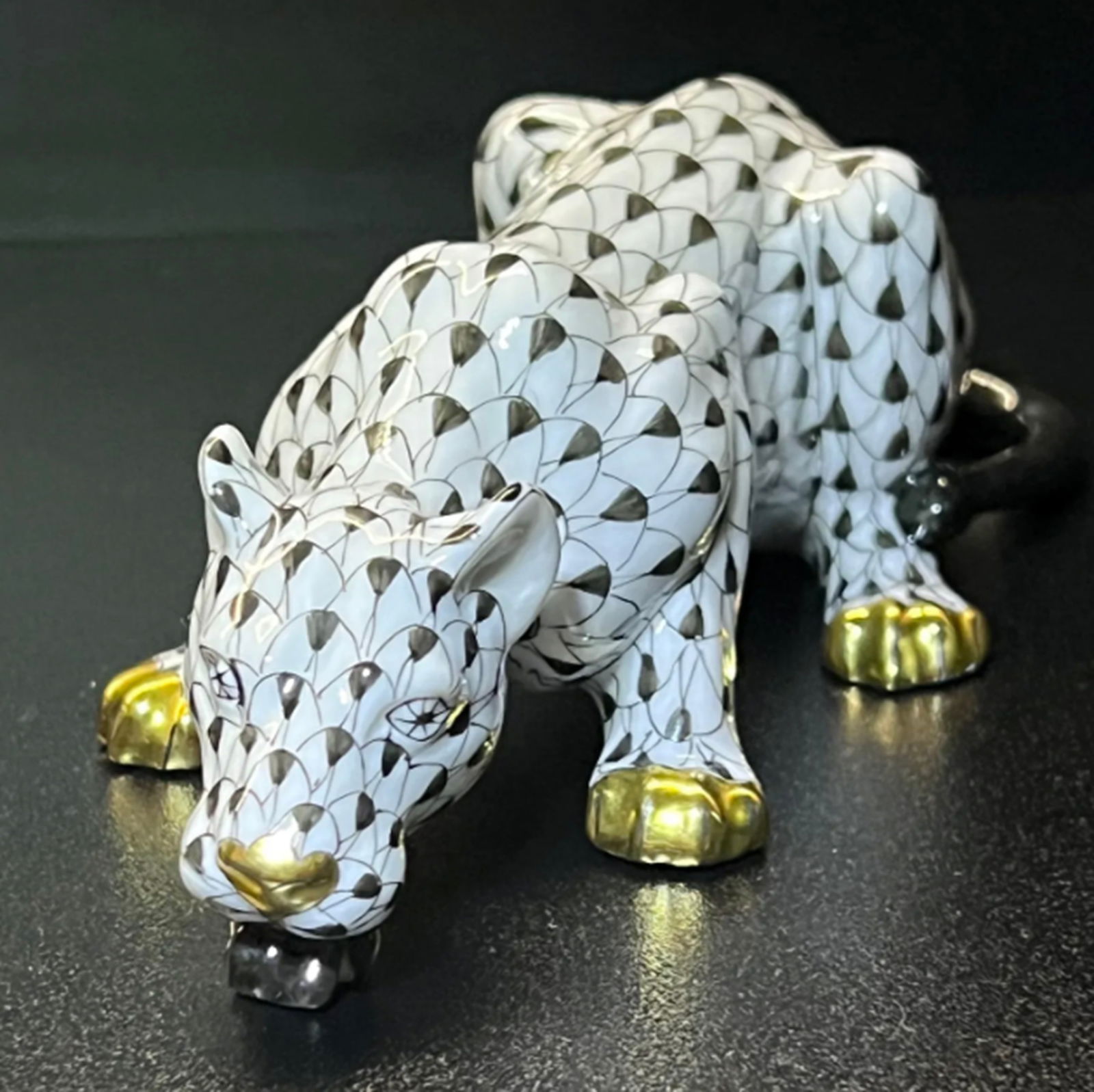 Herend Signed Porcelain Large Black Drinking Lioness Figurine With 24k Gold Accents Made in - 3