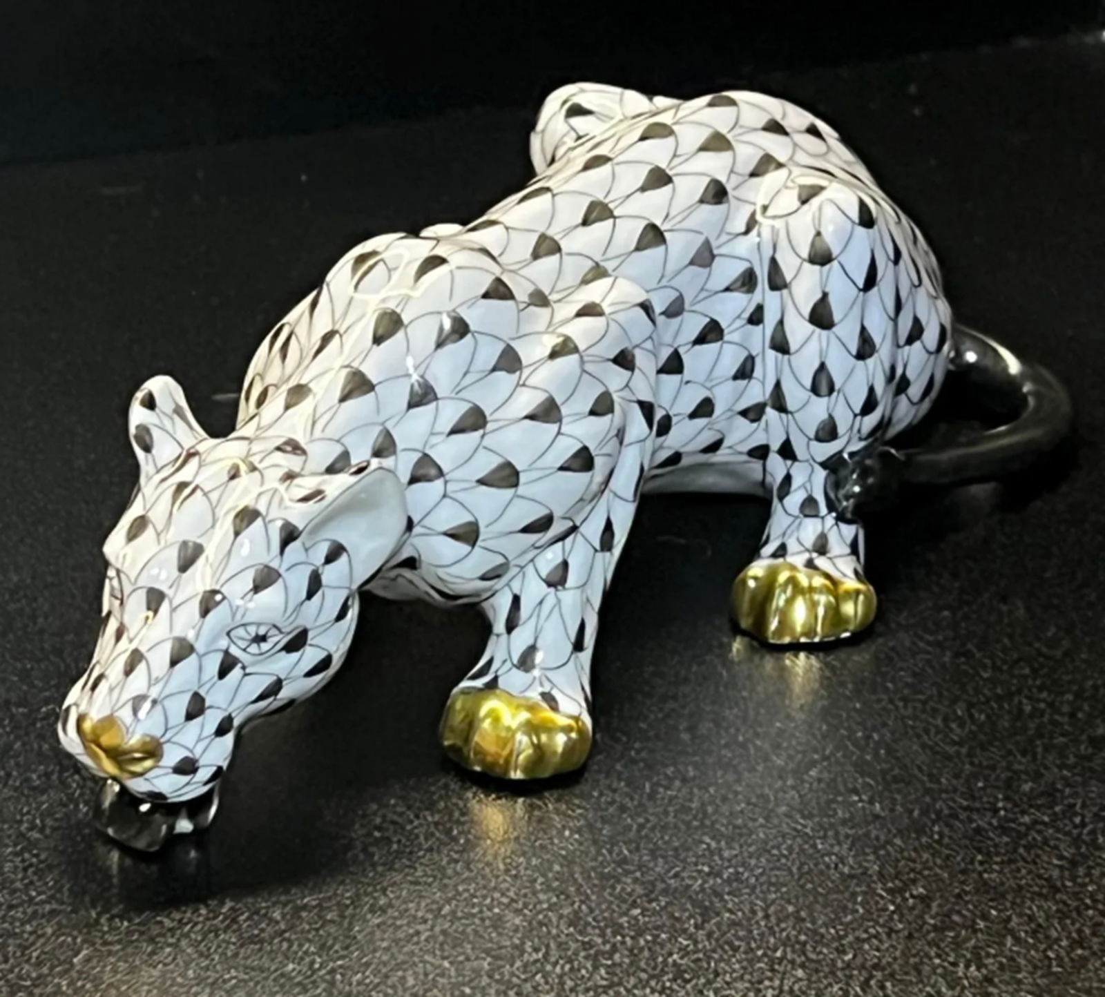 Herend Signed Porcelain Large Black Drinking Lioness Figurine With 24k Gold Accents Made in - 5