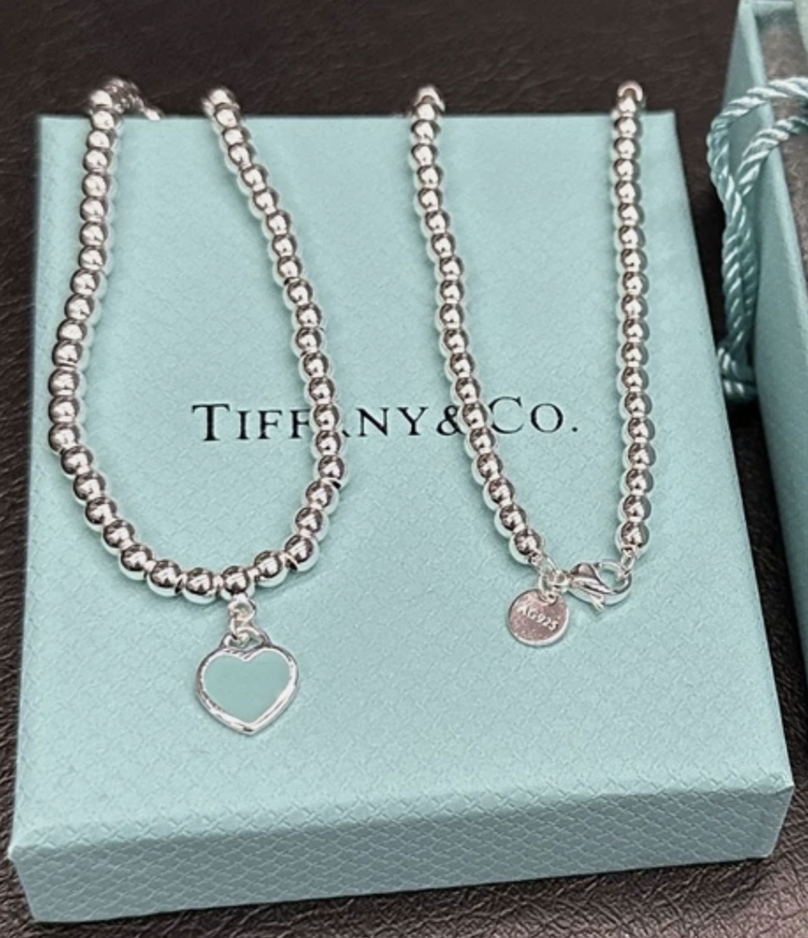 Tiffany & Co. Sterling Silver Blue Enamel Heart pendant with Beaded Chain Necklace And Box - 2