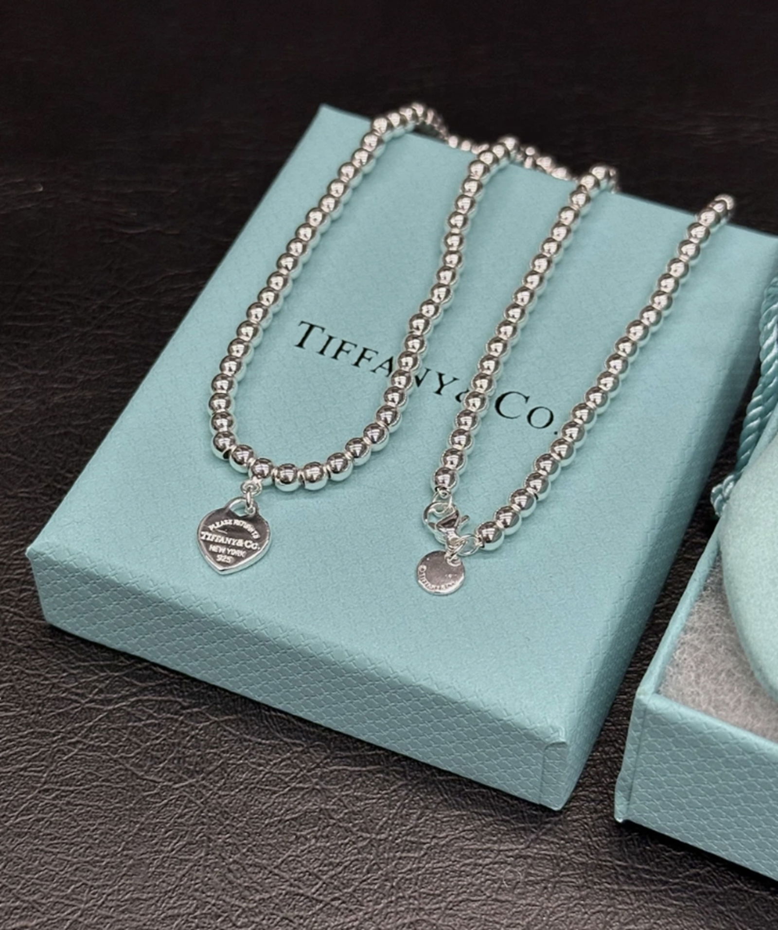 Tiffany & Co. Sterling Silver Blue Enamel Heart pendant with Beaded Chain Necklace And Box - 3