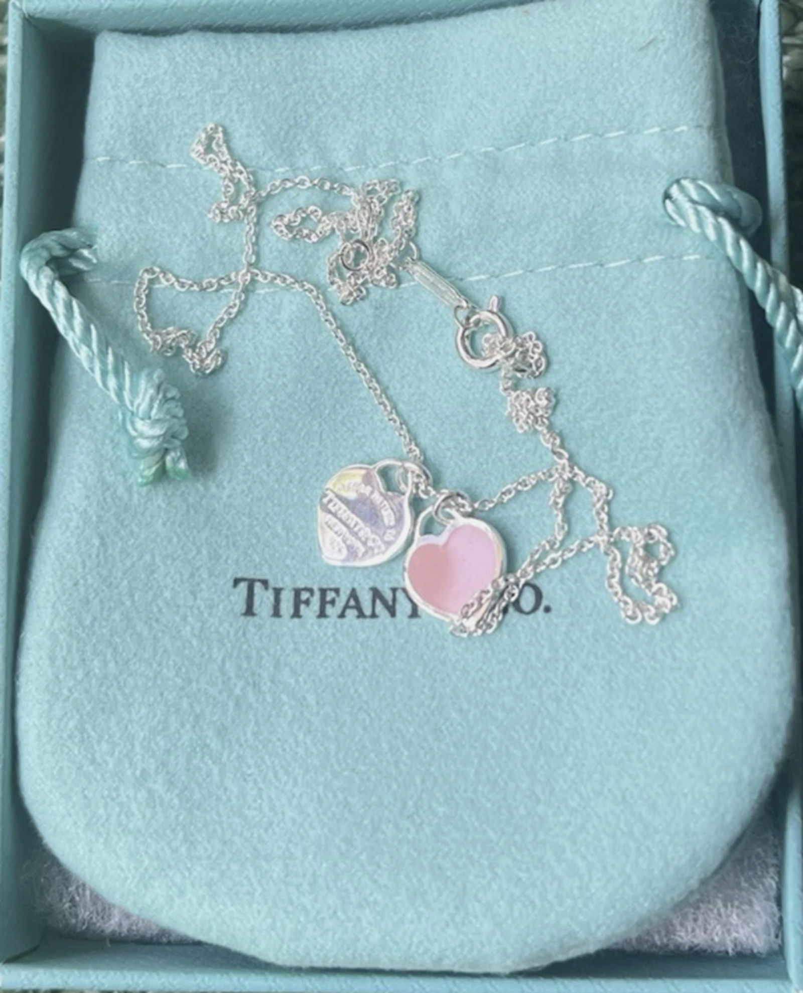 Tiffany & Co Sterling Silver Pink Enamel Double Heart Necklace With Box: Tiffany & Co Sterling Silver Pink Enamel Double Heart Necklace With Box 16 inch chain