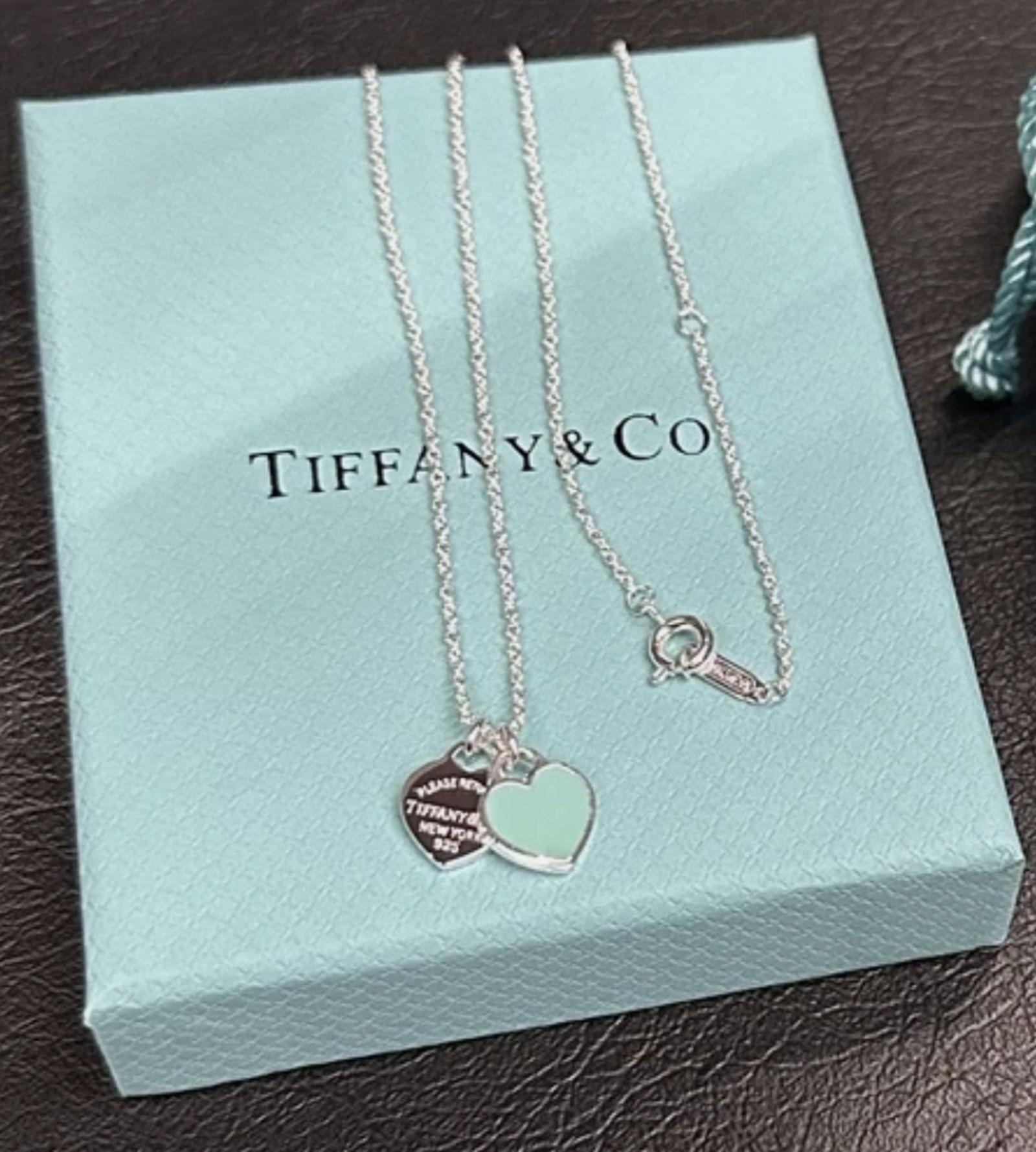 Tiffany & Co Sterling Silver Blue Enamel Double Heart Necklace With Box: Tiffany & Co Sterling Silver Blue Enamel Double Heart Necklace With Box 16 inch chain