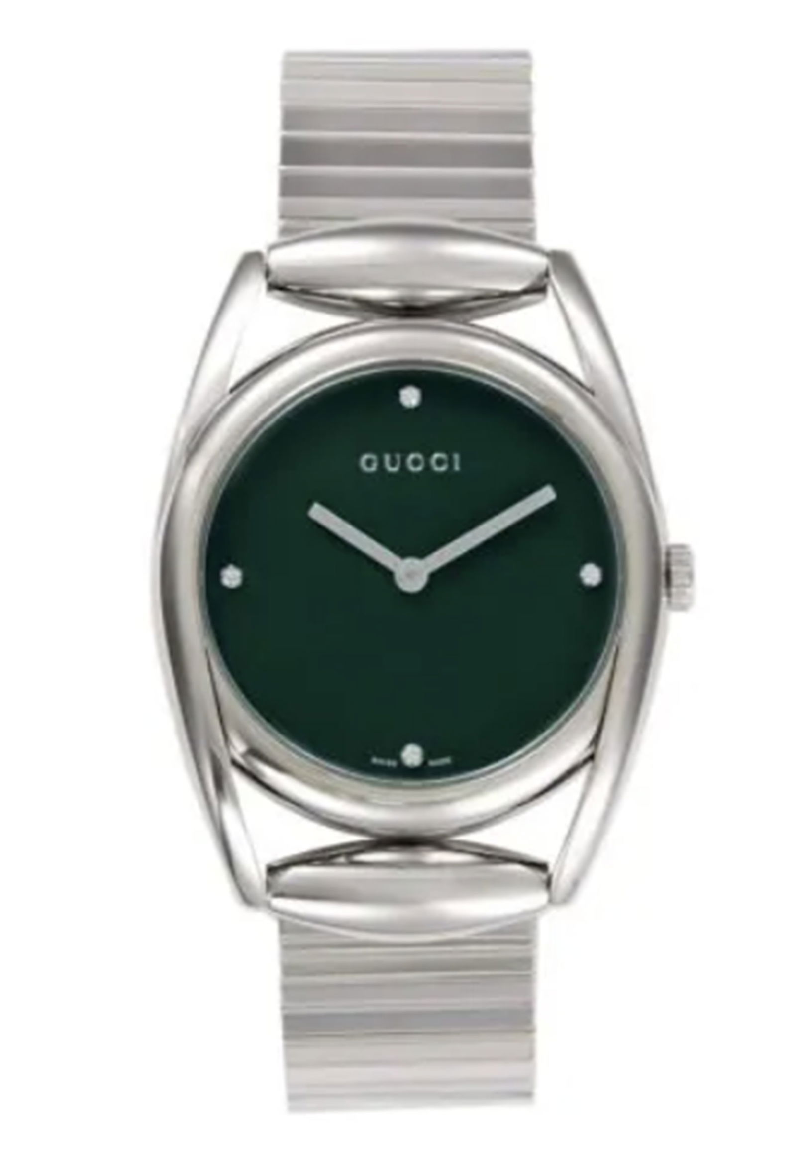 Gucci Horsebit Stainless Steel Watch With Diamonds on Dial and Orig box: GUCCI Horsebit Collection. This Gucci 34mm stainless steel bracelet watch is accented with 0.023 TCW diamonds for subtle sparkle. It combines elegant craftsmanship with signature horsebit detailing fo