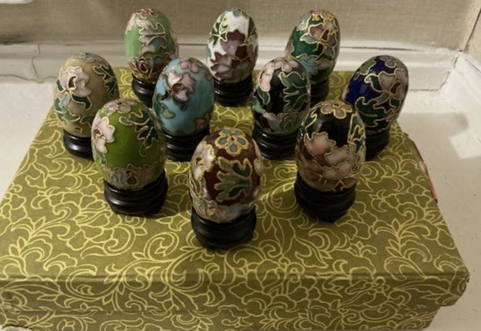 Chinese Cloisonne Eggs with Wooden Stands in Original Box (1 of 5)