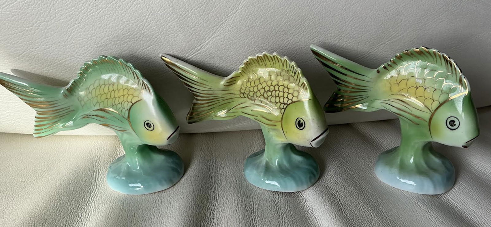 Hollohaza Hungary Signed Porcelain Fish Hand Painted With Gold Accents. set of 3: Hollohaza Hungary Signed Porcelain Fish Hand Painted With Gold Accents. set of 3 .Each one measures approx 4 Inches in length, and stands 3.25 inches high. No chips or cracks