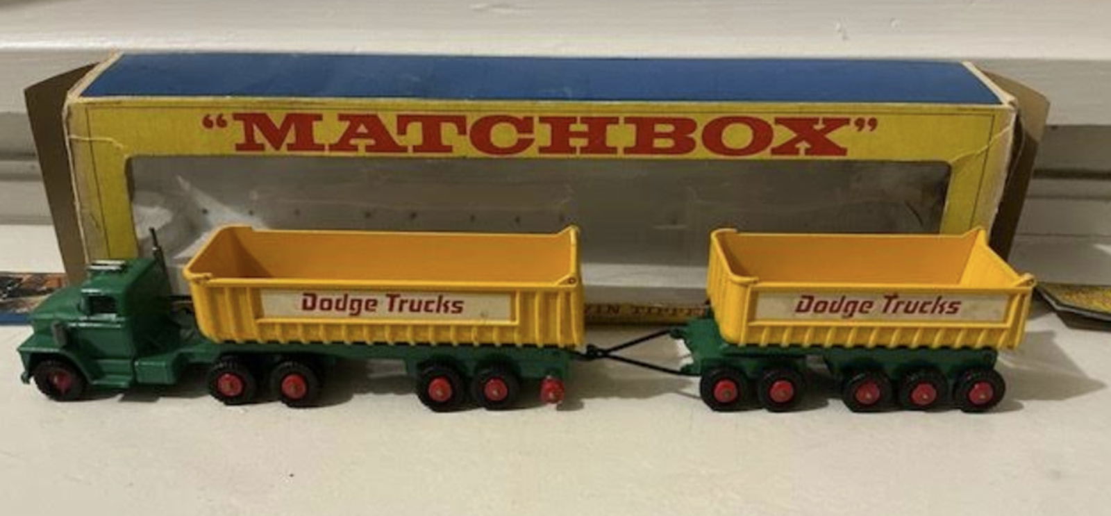 Matchbox King Size Dodge Tractor with Tipper Trailer With Orig Box: Matchbox King Size Dodge Tractor with Tipper Trailer With Orig Box. some of the flaps are off but truck is in great conditon.