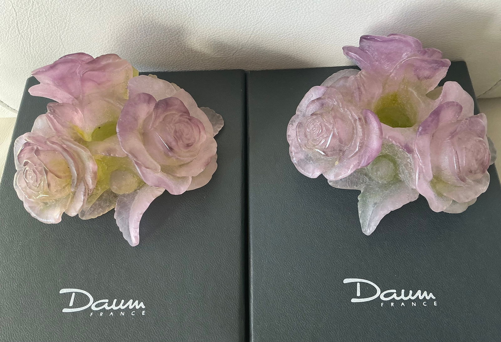 Daum Pate De Verre Pair of Rose Candle Votive Holders With Orig Box Unused!: Daum Pate De Verre Pair of Rose Candle Votive Holders With Orig Box Unused!. Measures approx 3 1/2” in length by height 2 1/2 inches.