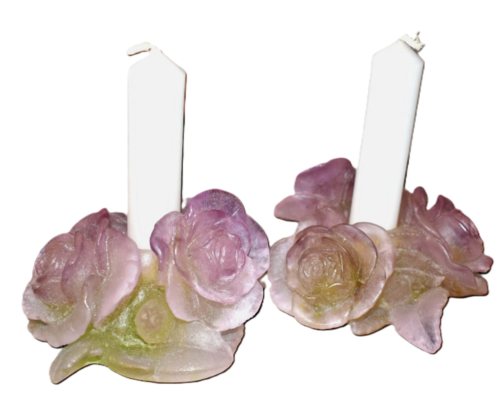 Daum Pate De Verre Pair of Rose Candle Votive Holders With Orig Box Unused!: Daum Pate De Verre Pair of Rose Candle Votive Holders With Orig Box Unused!. Measures approx 3 1/2” in length by height 2 1/2 inches.