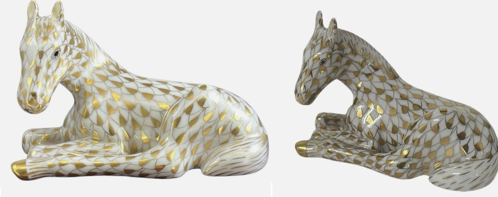 Herend Signed Gold Porcelain Fishnet Foal Horse Pair Made in Hungary Limited Edition: Herend Signed Gold Porcelain Fishnet Foal Horse Pair Made in Hungary Limited Edition. Measurements are approximate 3.25” Long