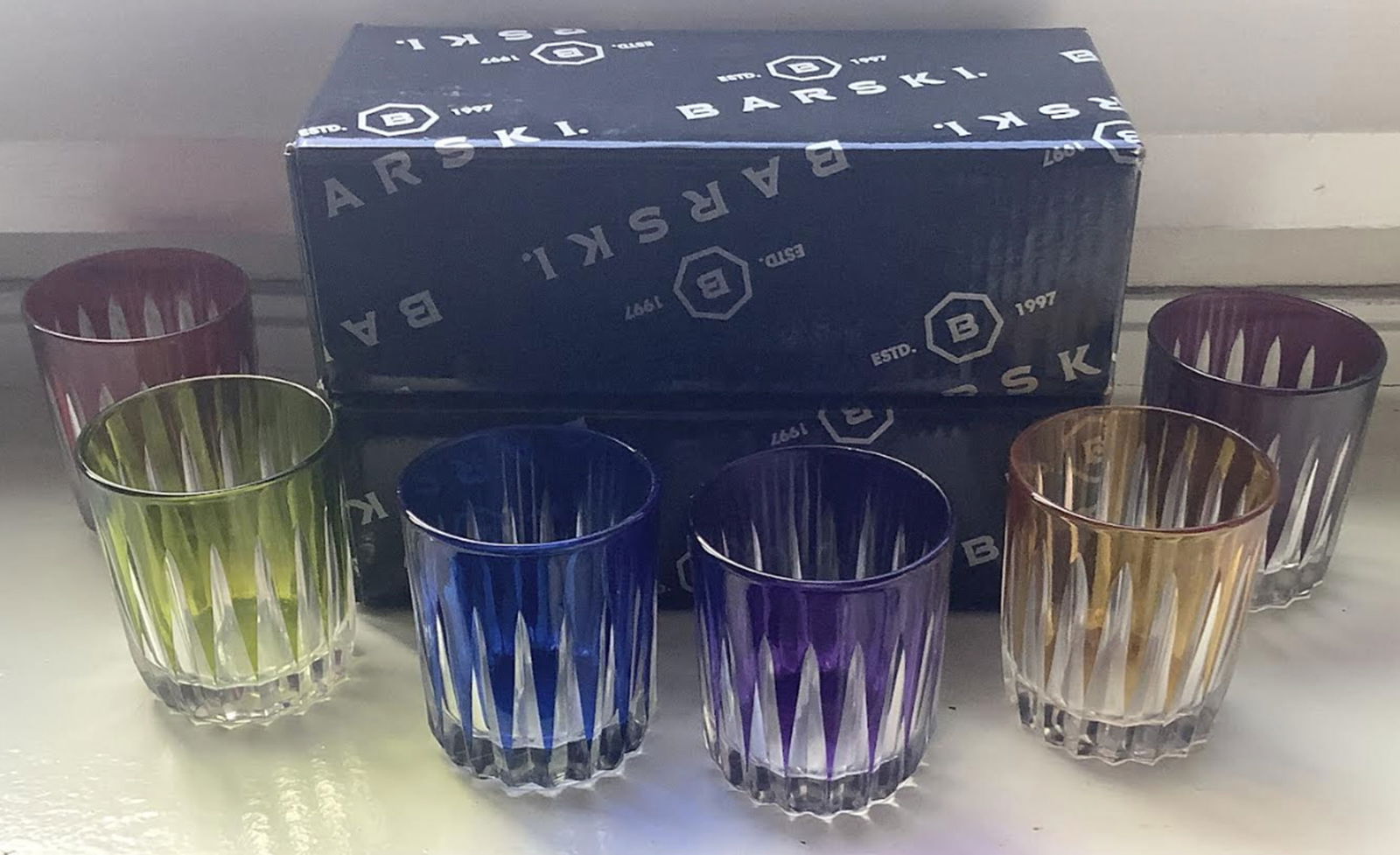 Barski Onyx Collection Set of 6 shot glass cups in original box new!: Barski Onyx Collection, this colorful shot glass set showcases deep, vibrant hues that glisten beautifully in the surrounding light. Assorted colors include one of each: ruby, blue, green, amber, amet